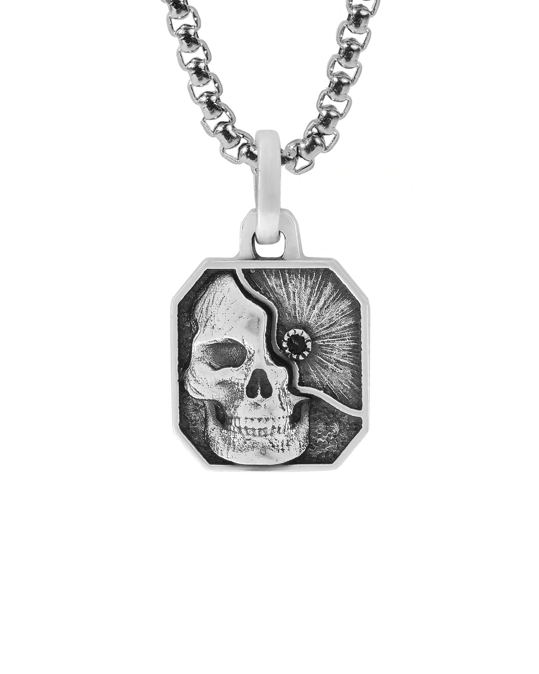 Gothic Octagon Pendant Skull & Black Diamond CZ Silver