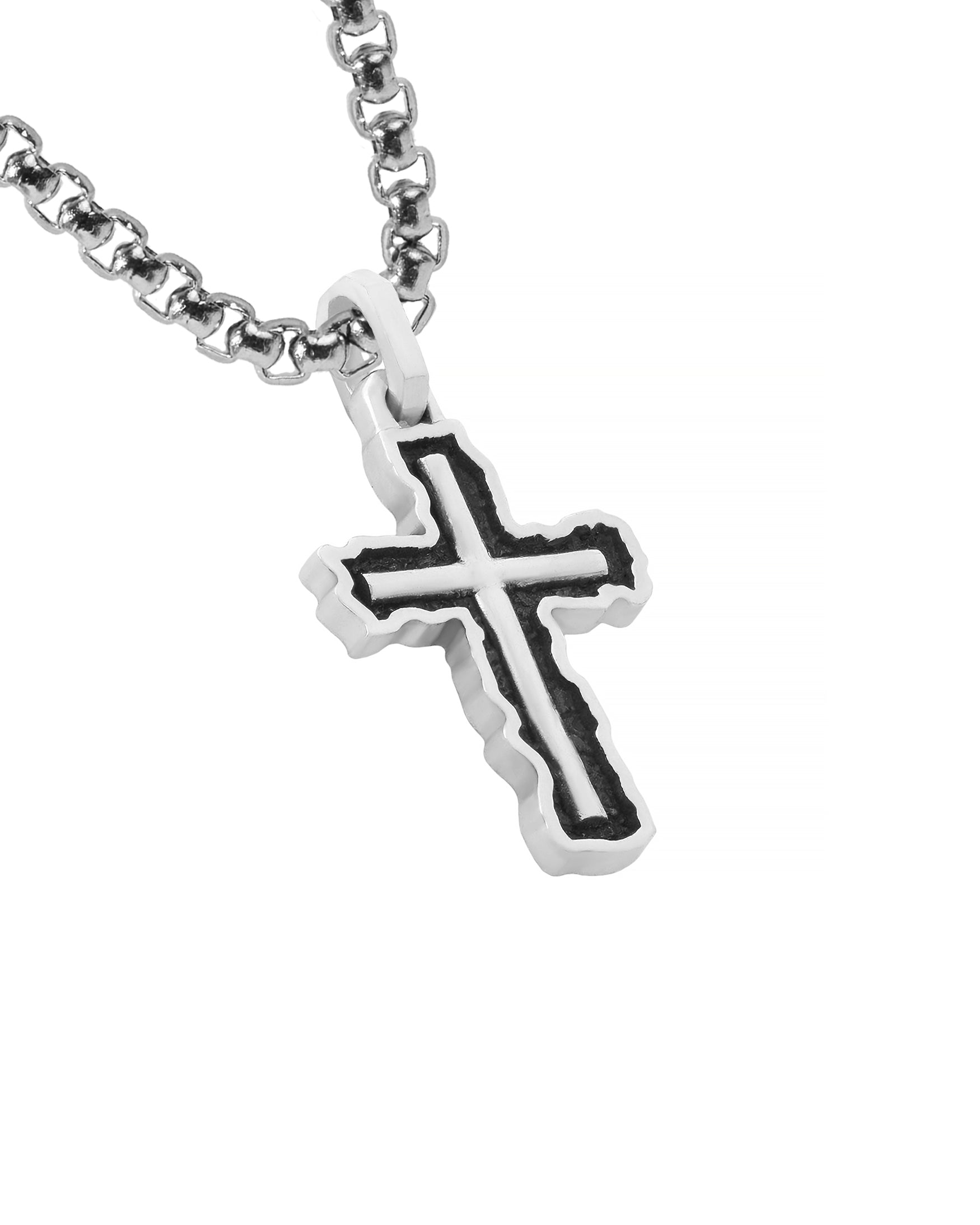 Silver Cross on Chain Necklace with Oxidized Frame