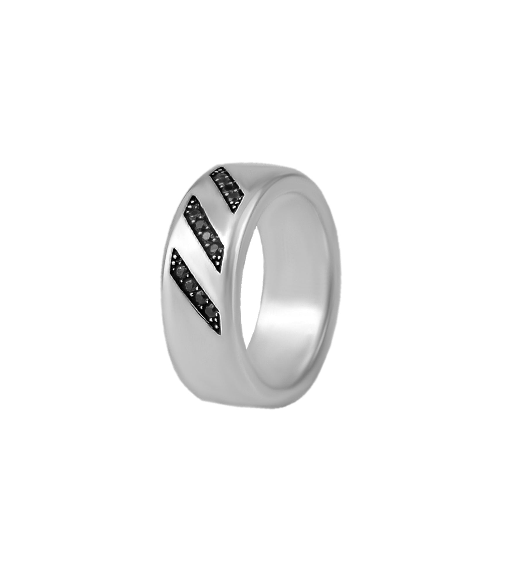 Silver Minimalist Wedding Band with Black Stones