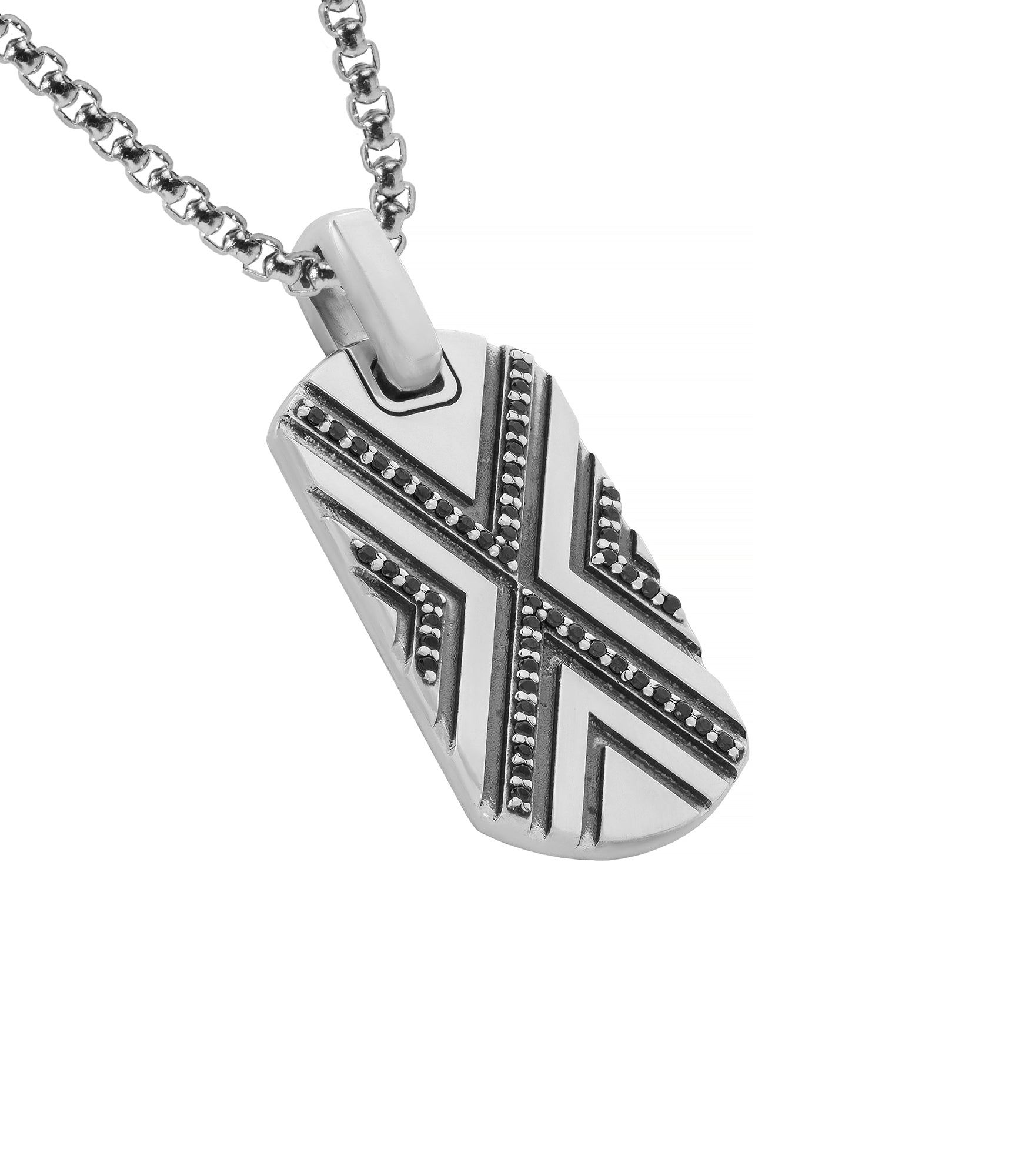 Elegant Geometric Silver Tag Necklace Black Diamonds