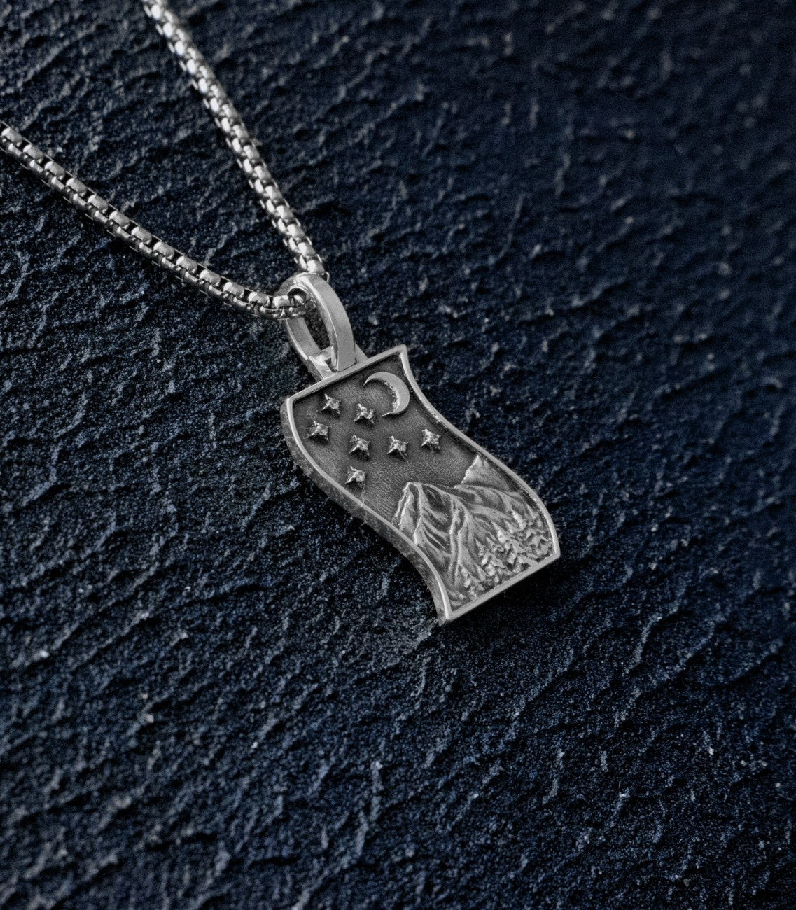 Men's Silver Mountain Necklace Crescent Moon and Stars