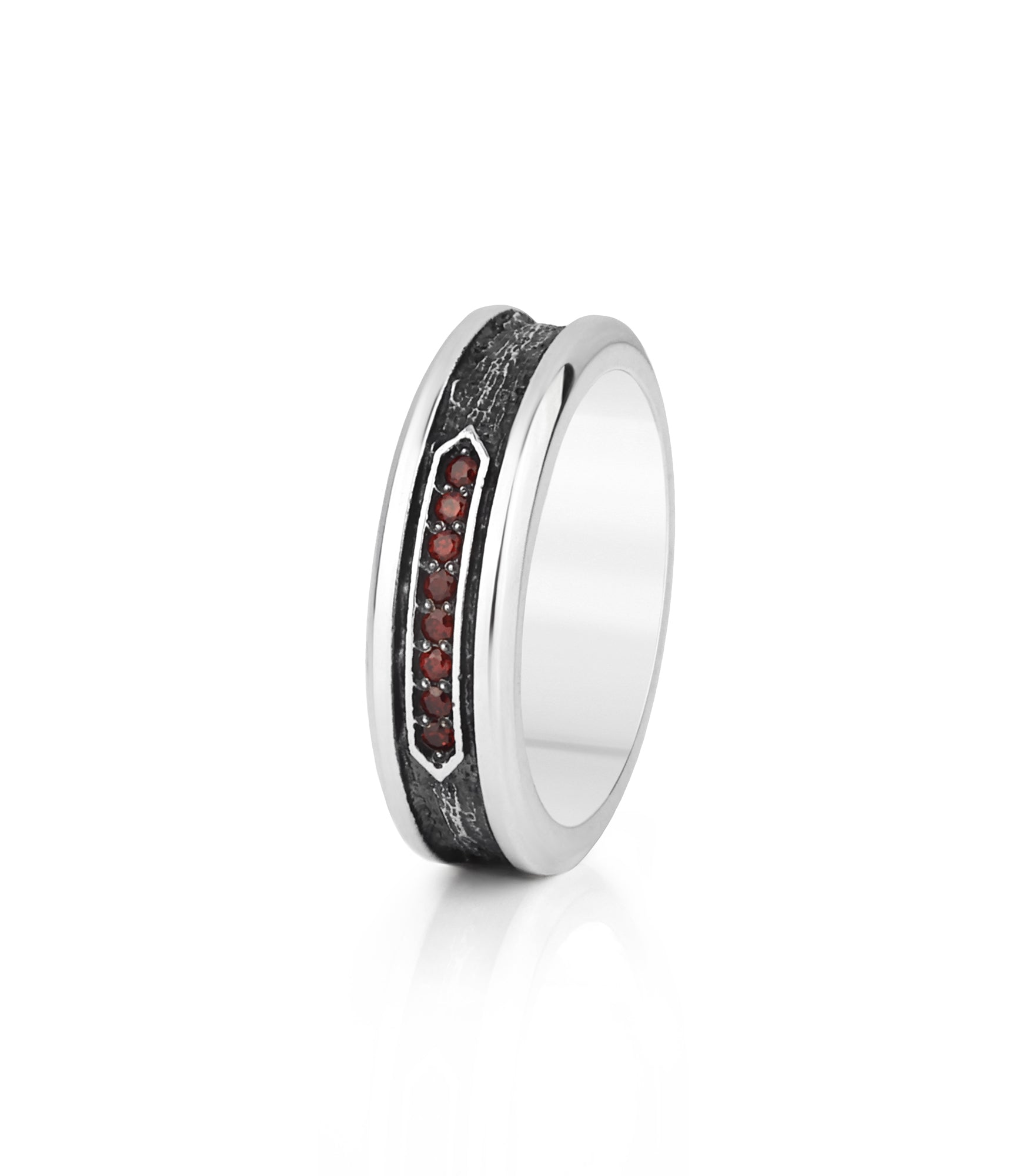 Mens Hammered Silver Engagement Ring Red Stones CZ