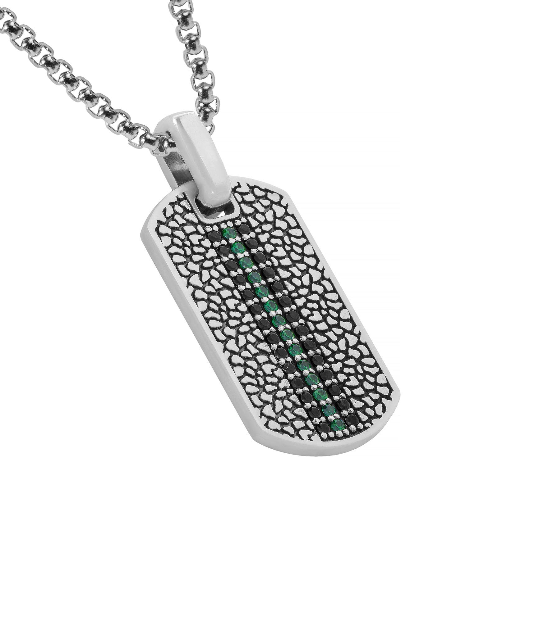 Masculine Tag Pendant with Black Diamond and Emerald CZ
