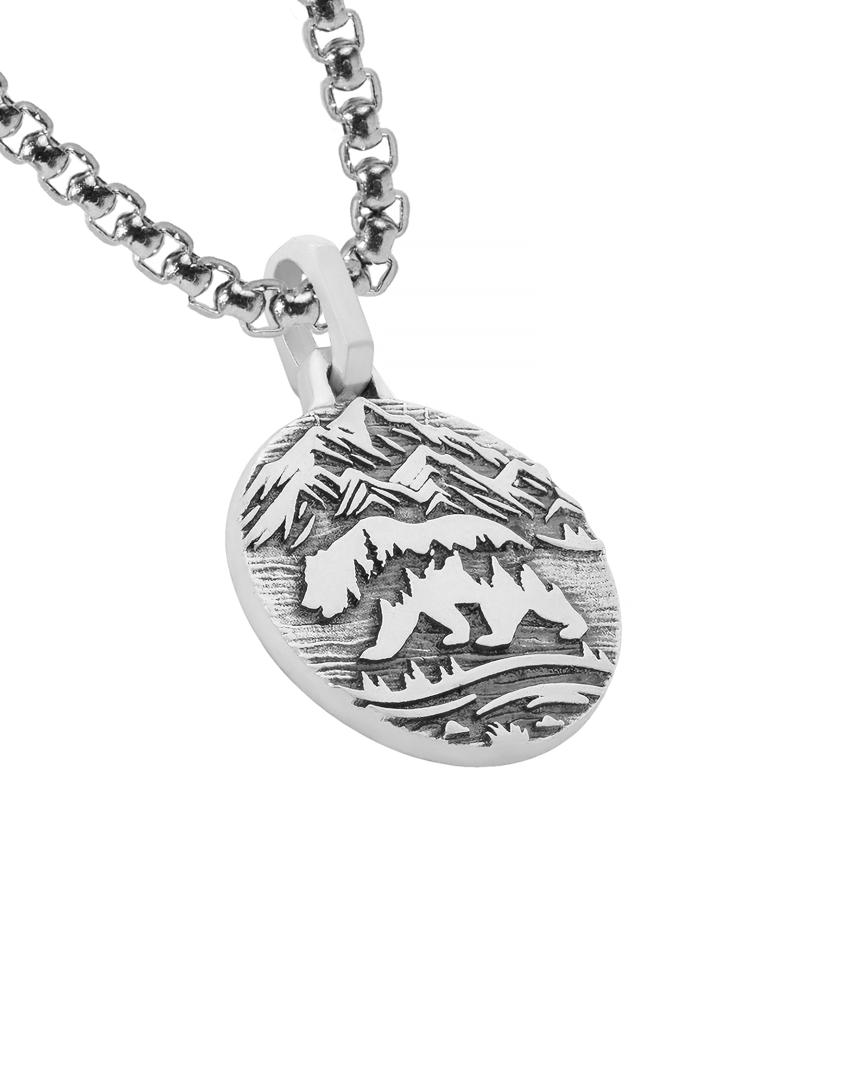 Nature inspired Round Necklace Mountains & Bear Silver