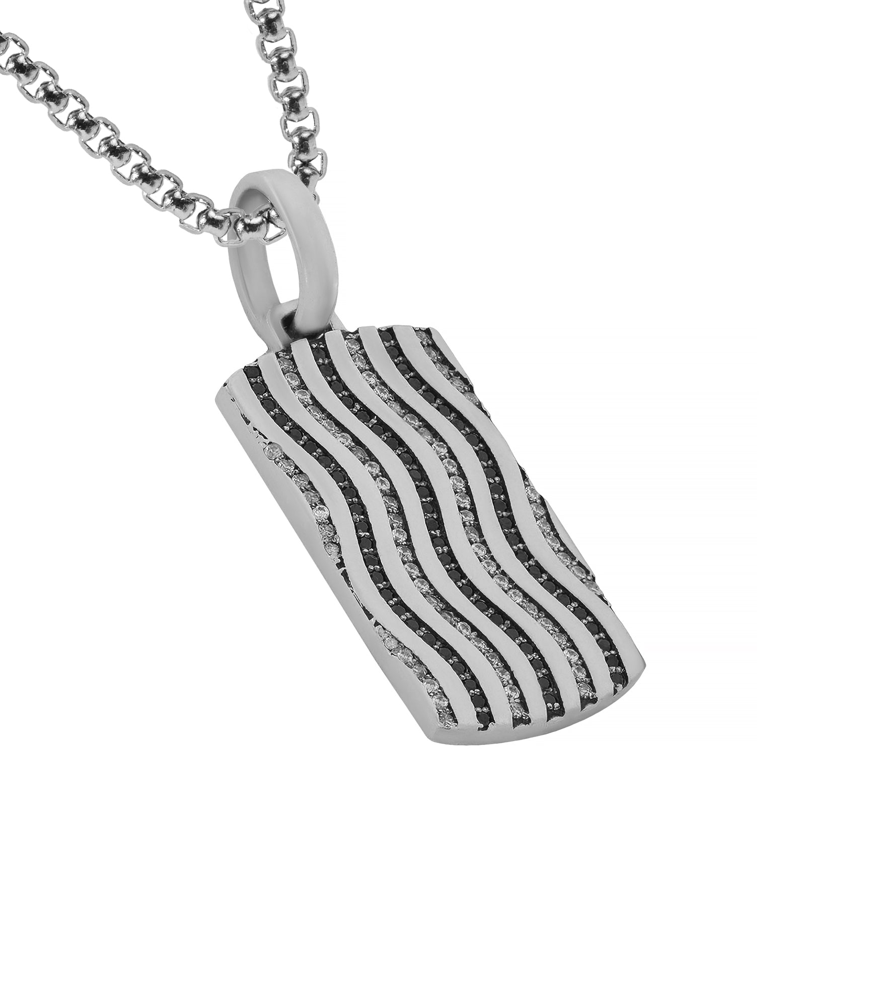 Mens Silver Wavy Design Pendant Black & White Gemstones