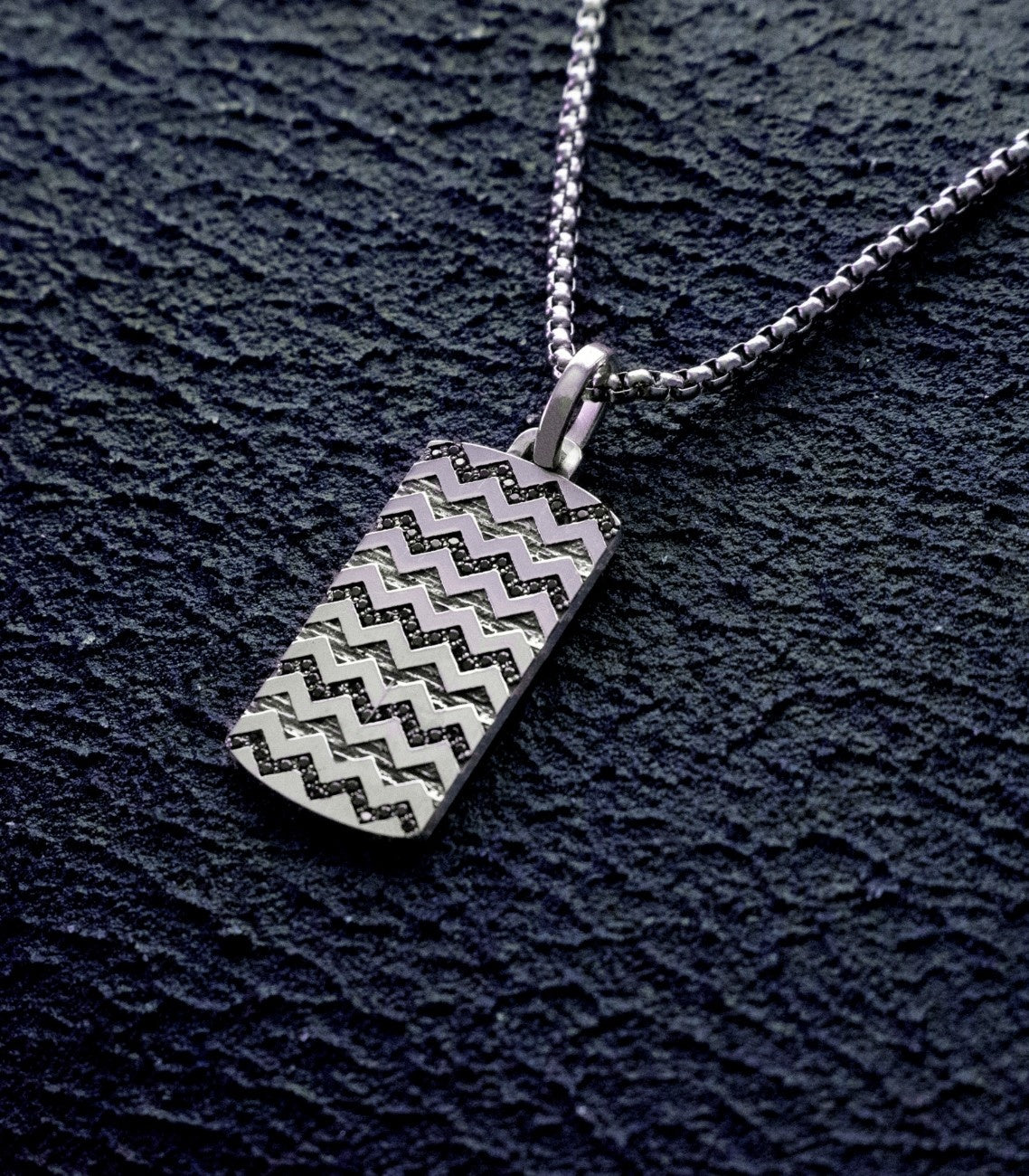 Zig Zag Silver Geometric Pendant with Black Gemstones