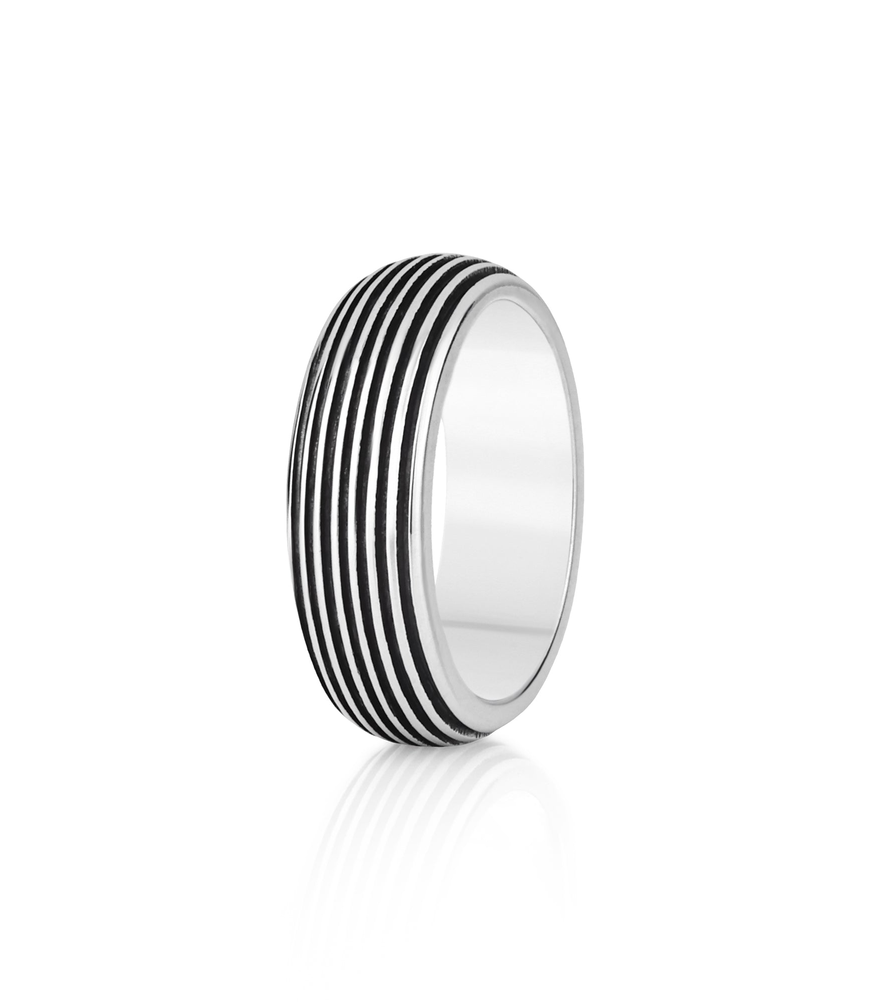 Domed Band Ring Silver with Vintage Striped Design