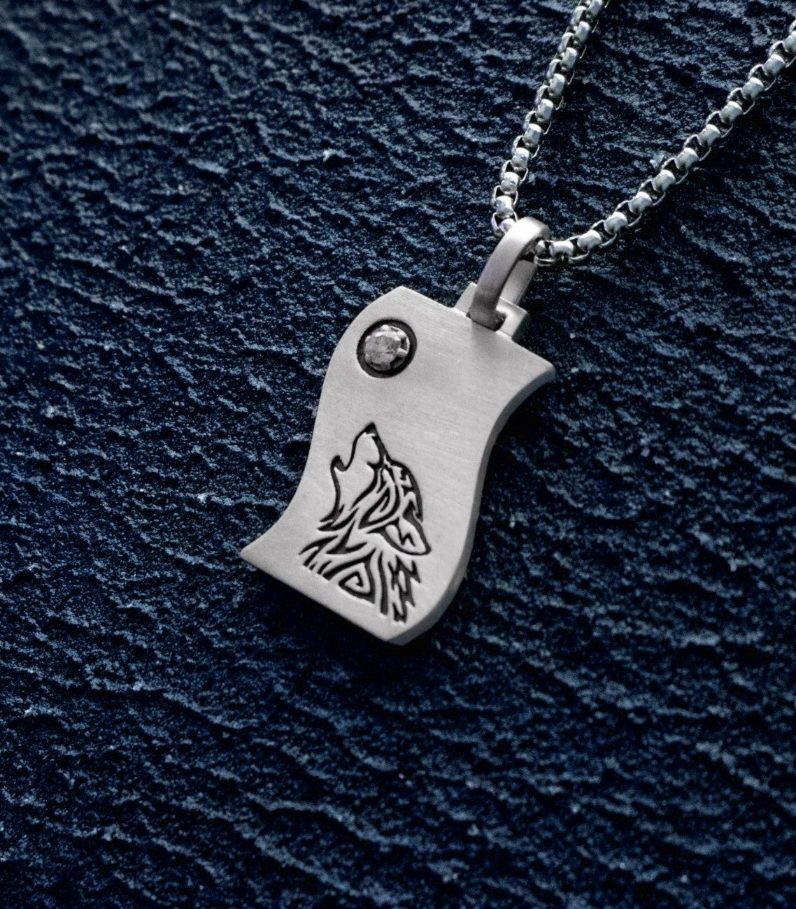 Silver Moon and Wolf Pendant Necklace with Gemstone