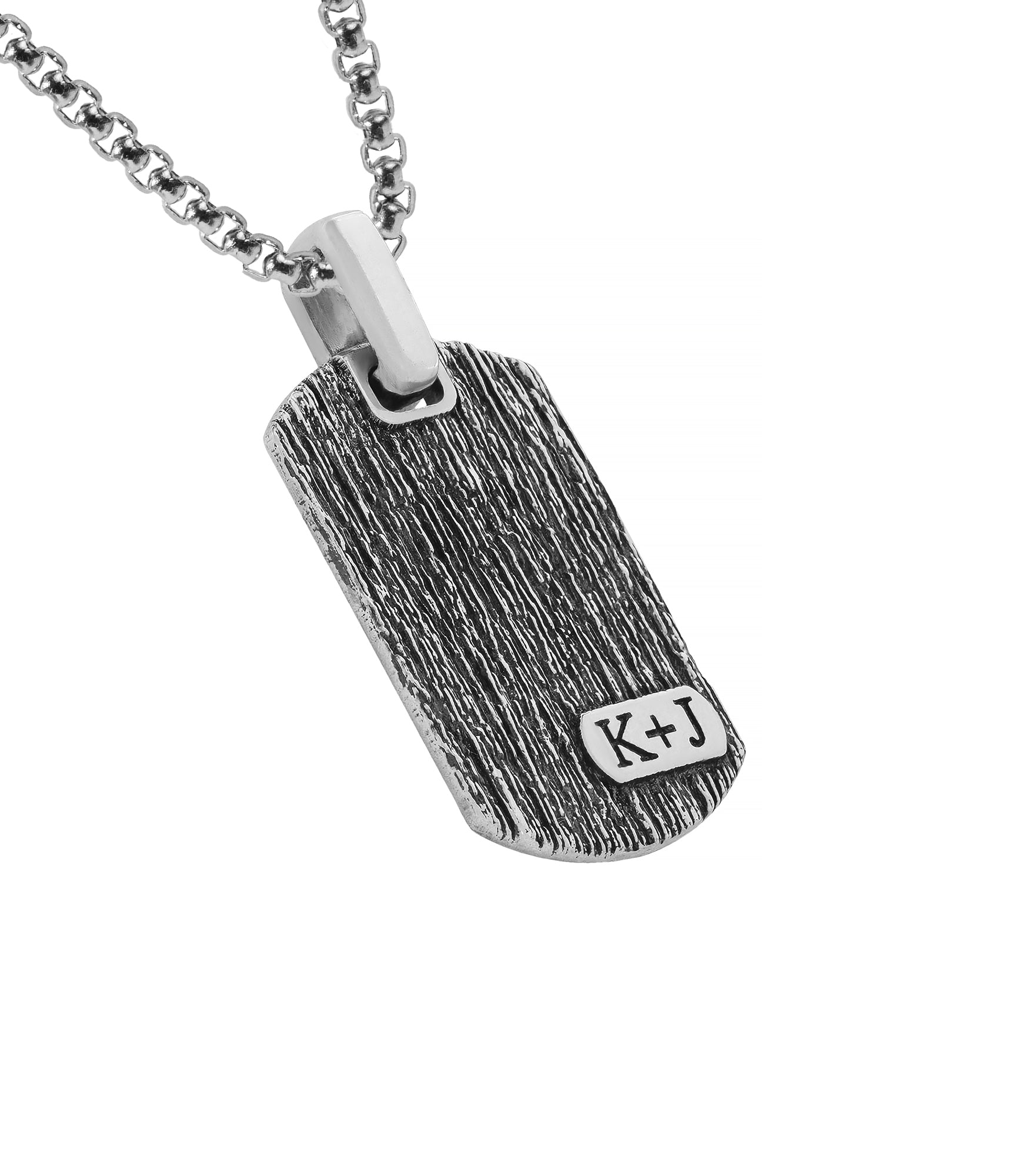 Tree Bark Textured Mens Initial Dog Tag Pendant Silver
