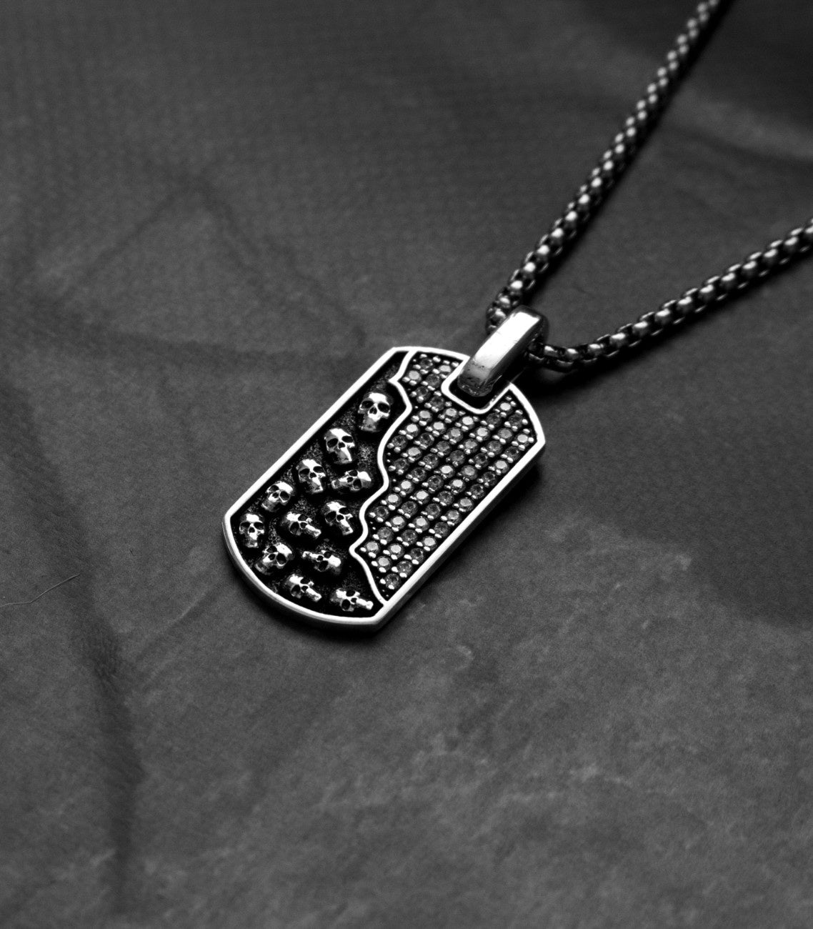 Gothic Silver Skulls Necklace with White Crystals CZ