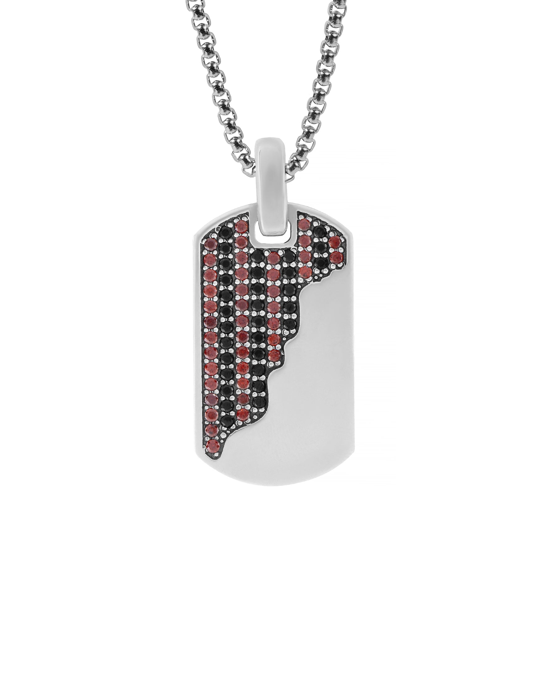 Silver Dog Tag Necklace Black & Red Stones Half Design