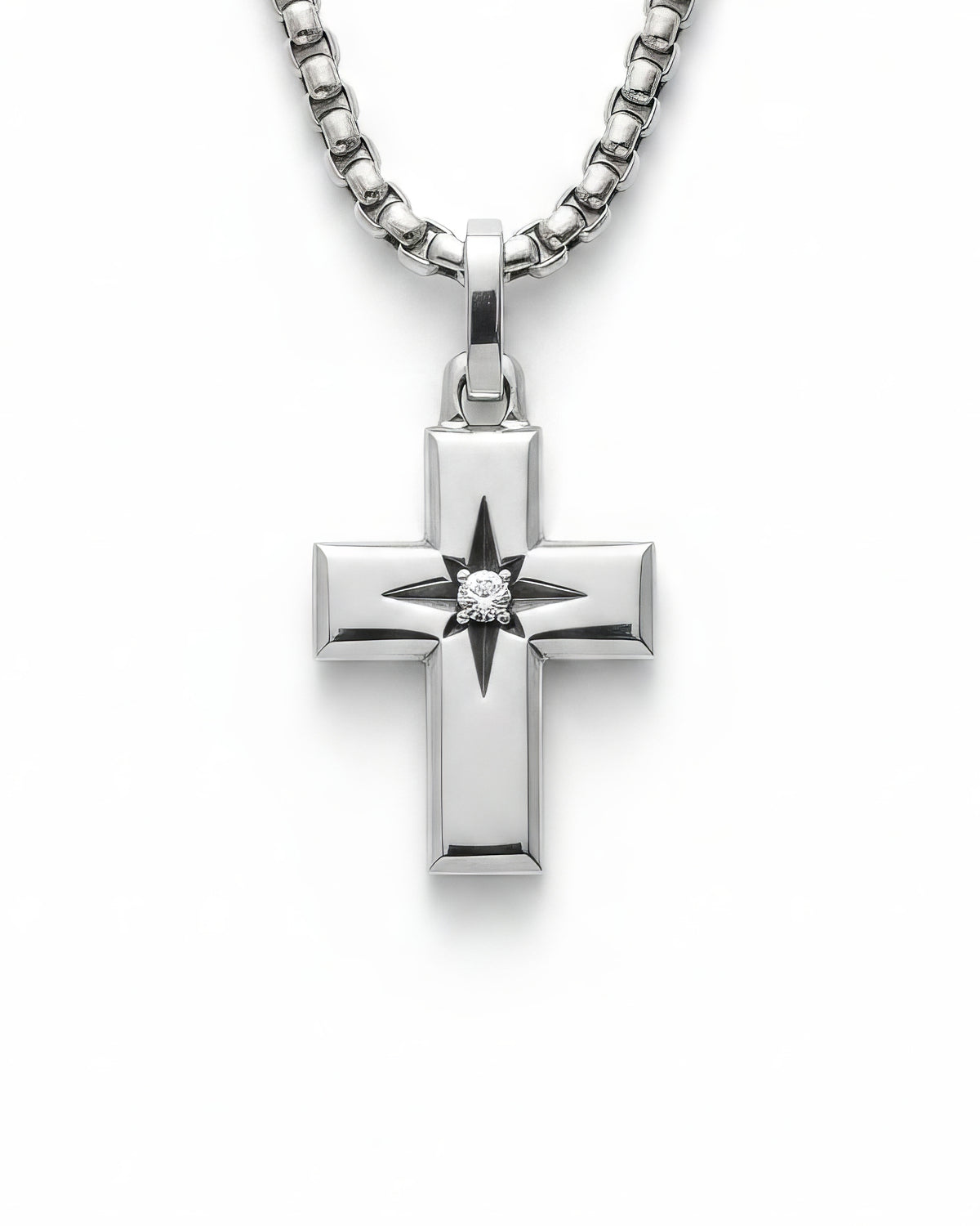 Four-Pointed Star Cross Pendant with White Stone Silver