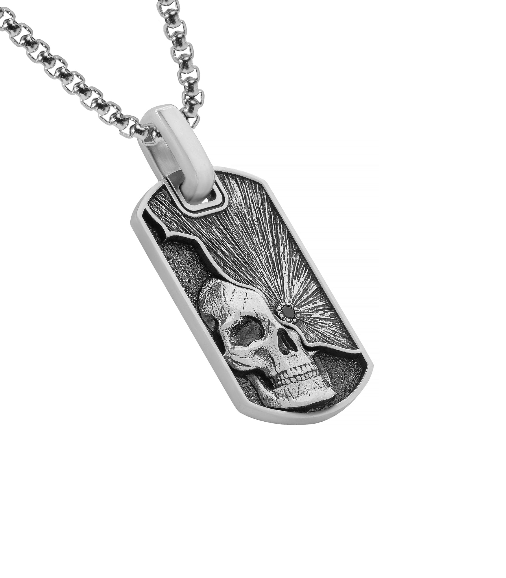 Oxidized Silver Gothic Skull Pendant with Black Diamond