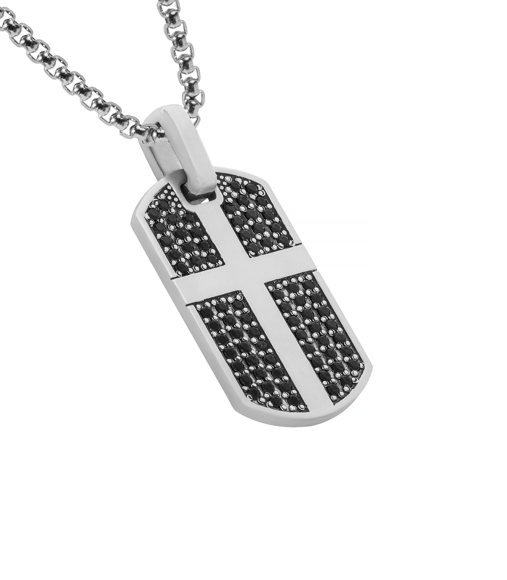 Black Diamond Cross Pendant Necklace Silver Dog Tag