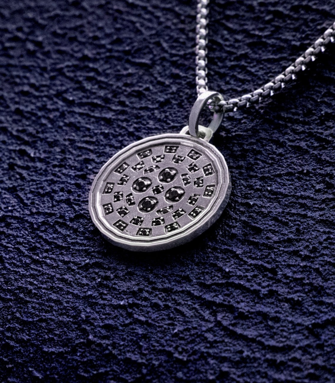 Wheel of Fortune Round Amulet with Black Gemstones
