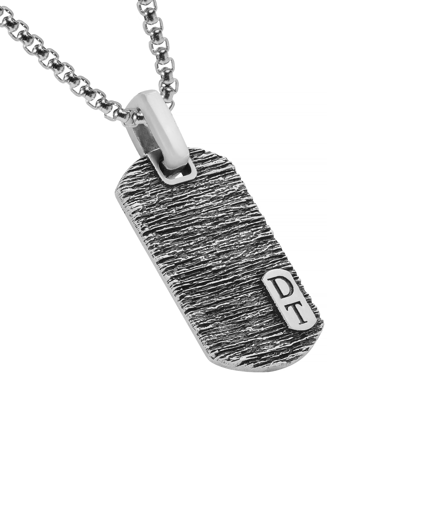 Personalized Silver Dog Tag Pendant Tree Bark Texture
