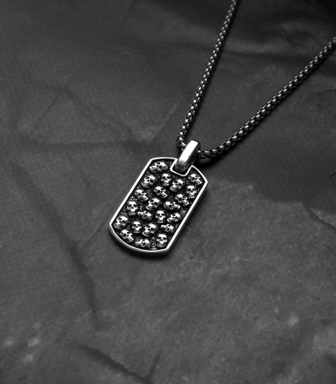Engraved Skulls Tag Necklace Silver Gift for Biker