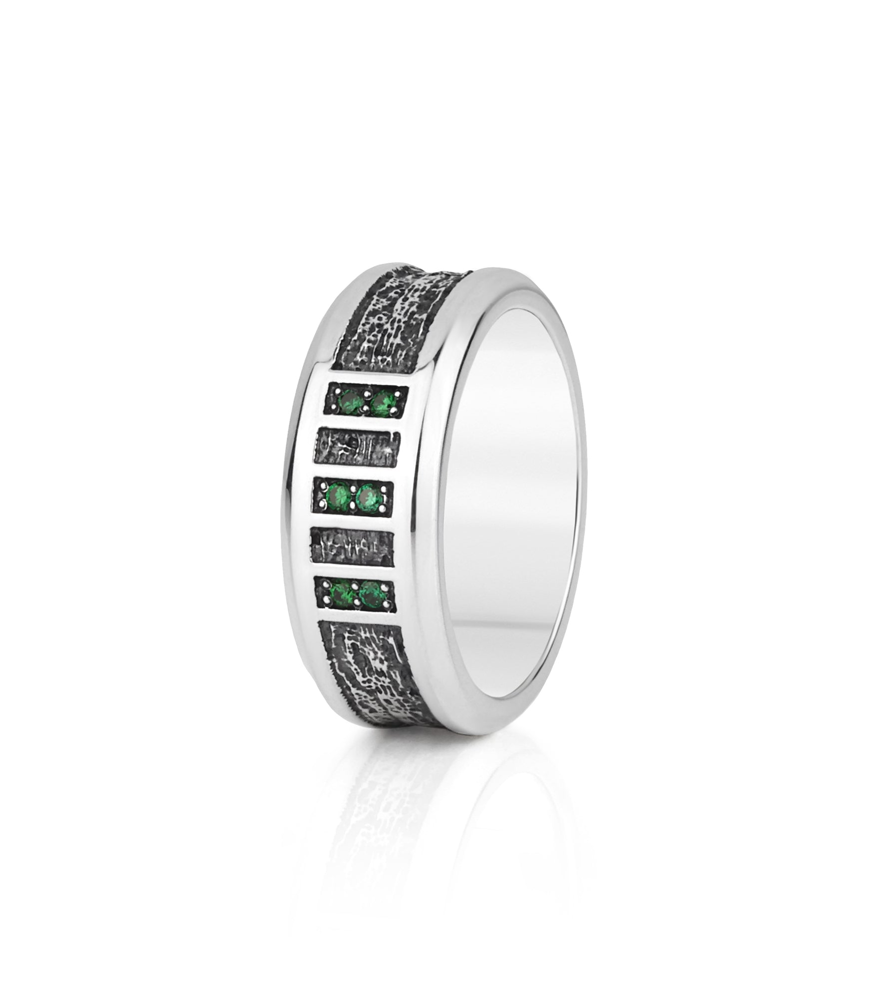 Mens Hammered Sterling Silver Ring with Emeralds CZ