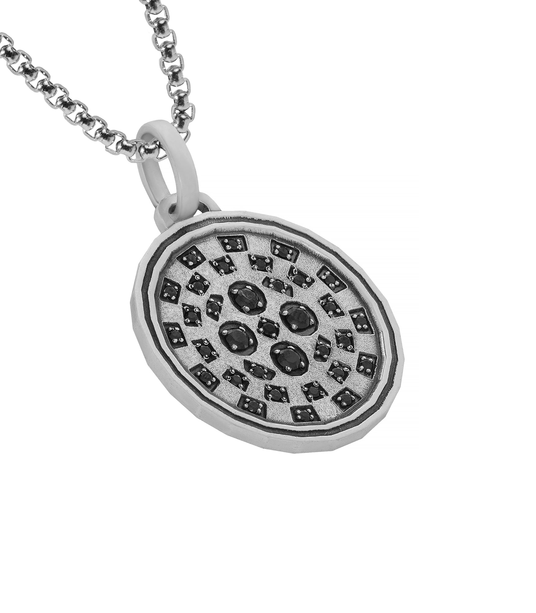 Mens Checkered Silver Round Pendant Black Gemstones