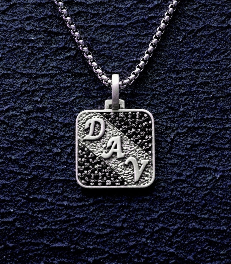 Mens Initial Necklace Vintage Hammered Silver Black Gems
