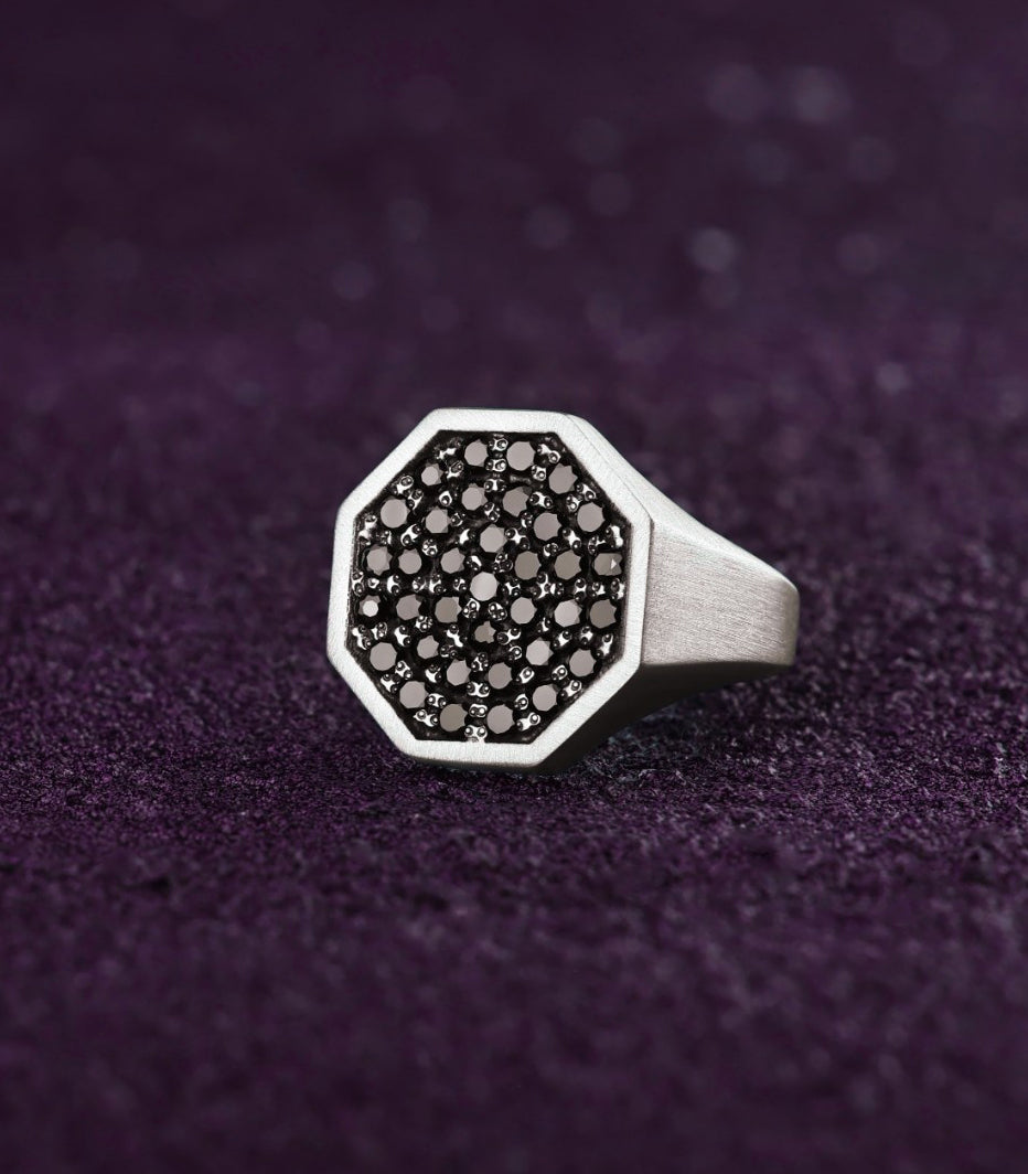 Large Signet with Black Stones High End Mens Ring