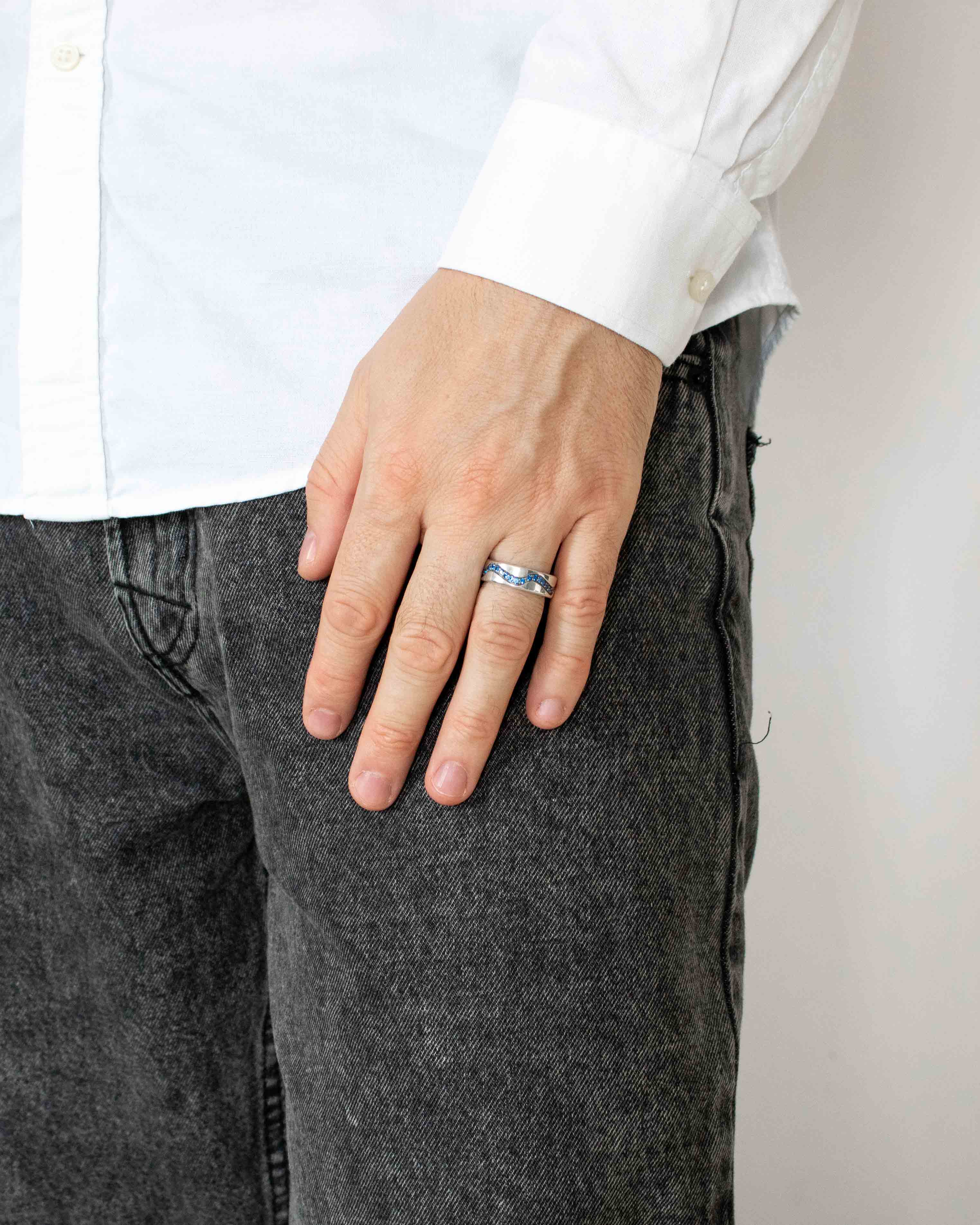 Wave Wedding Ring with Blue Stones Sterling Silver