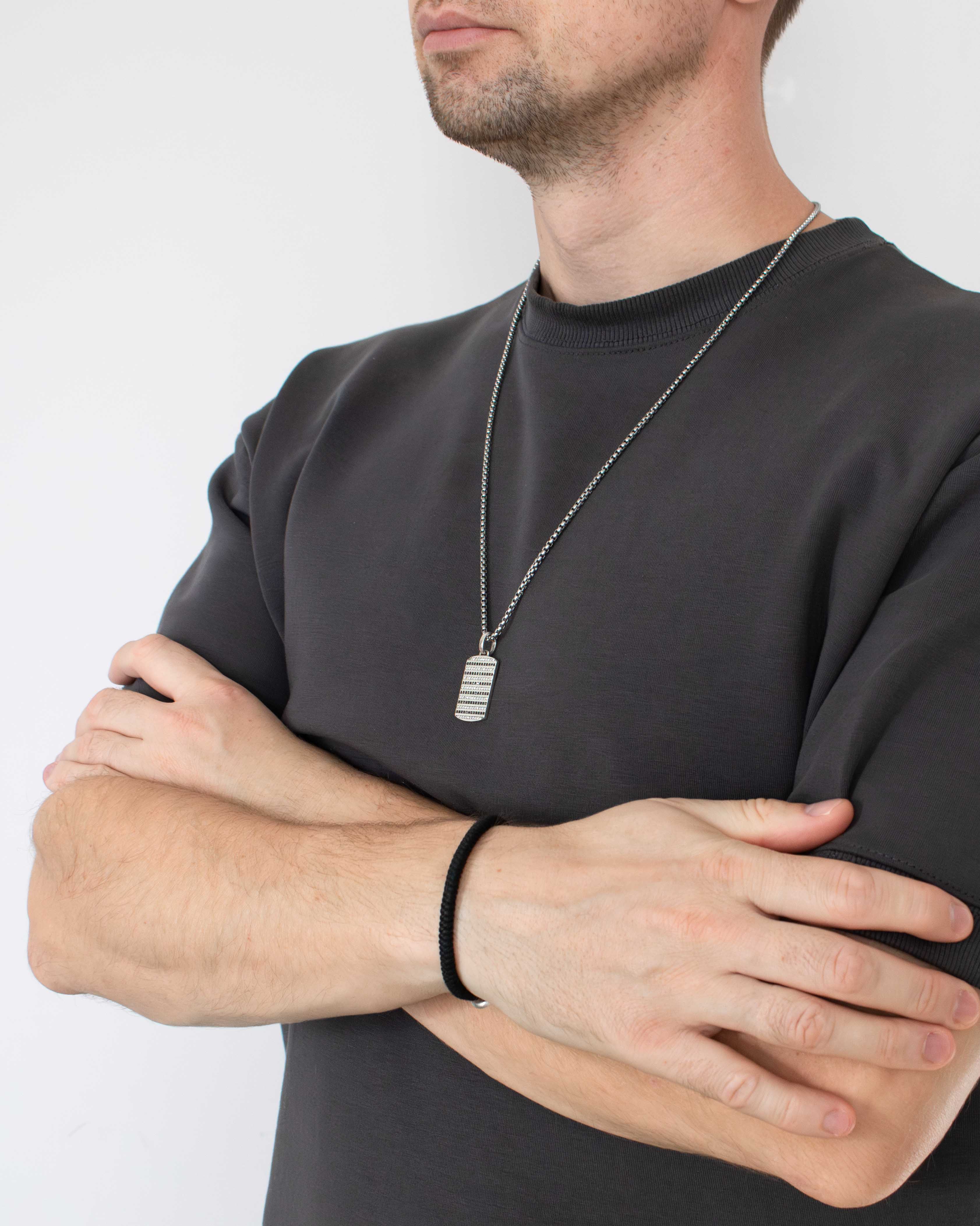 Mens Posh Black & White Tag Pendant Silver