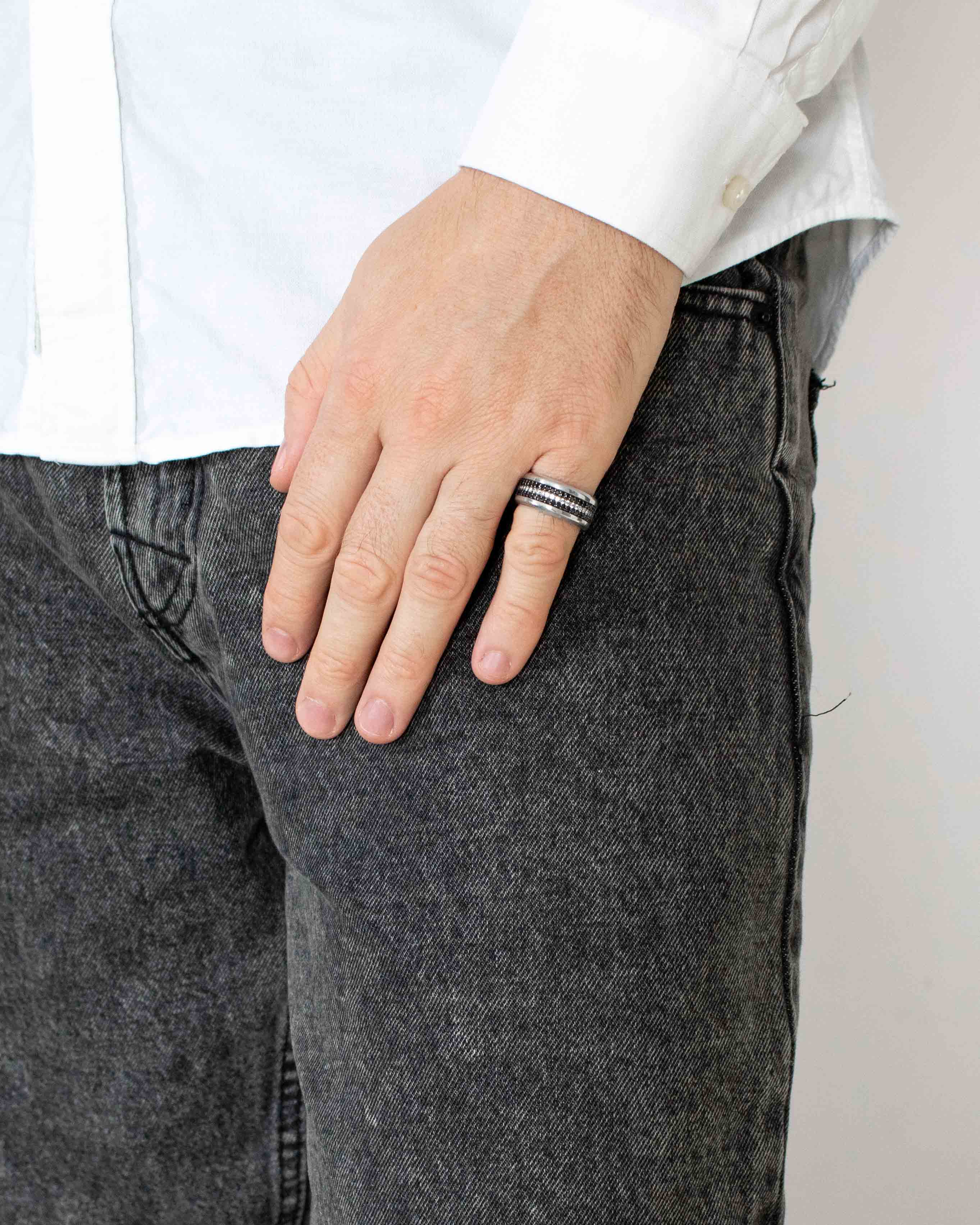 Wide Silver Wedding Band Black and White Stones