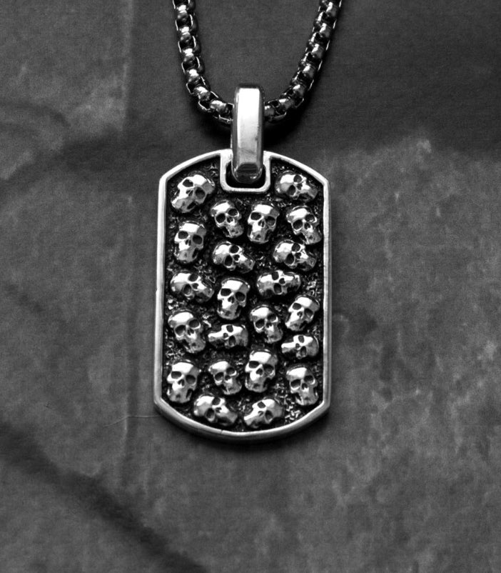 Engraved Skulls Tag Necklace Silver Gift for Biker