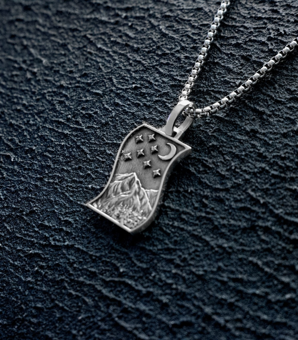 Men's Silver Mountain Necklace Crescent Moon and Stars