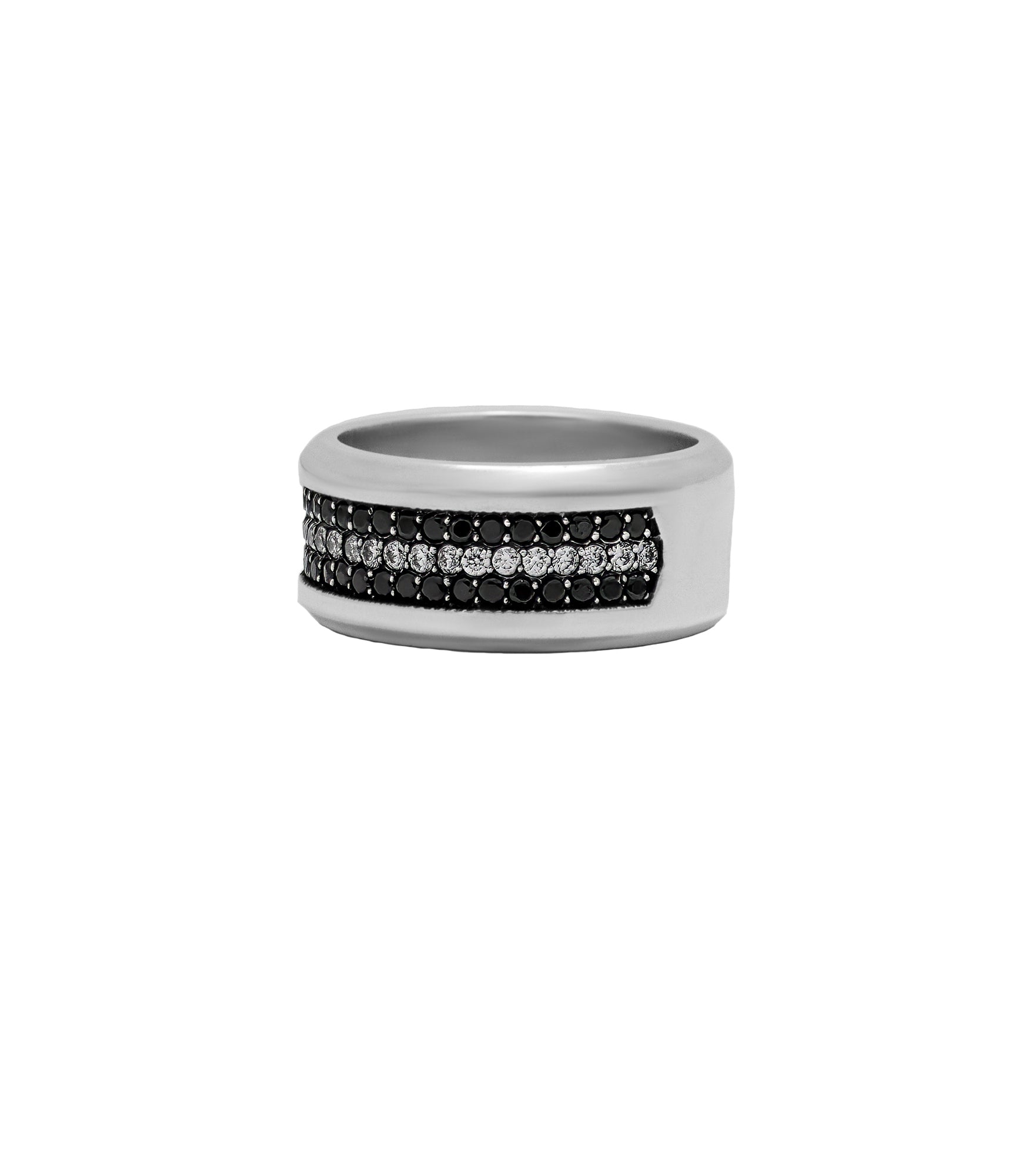 Wide Silver Wedding Band Black and White Stones
