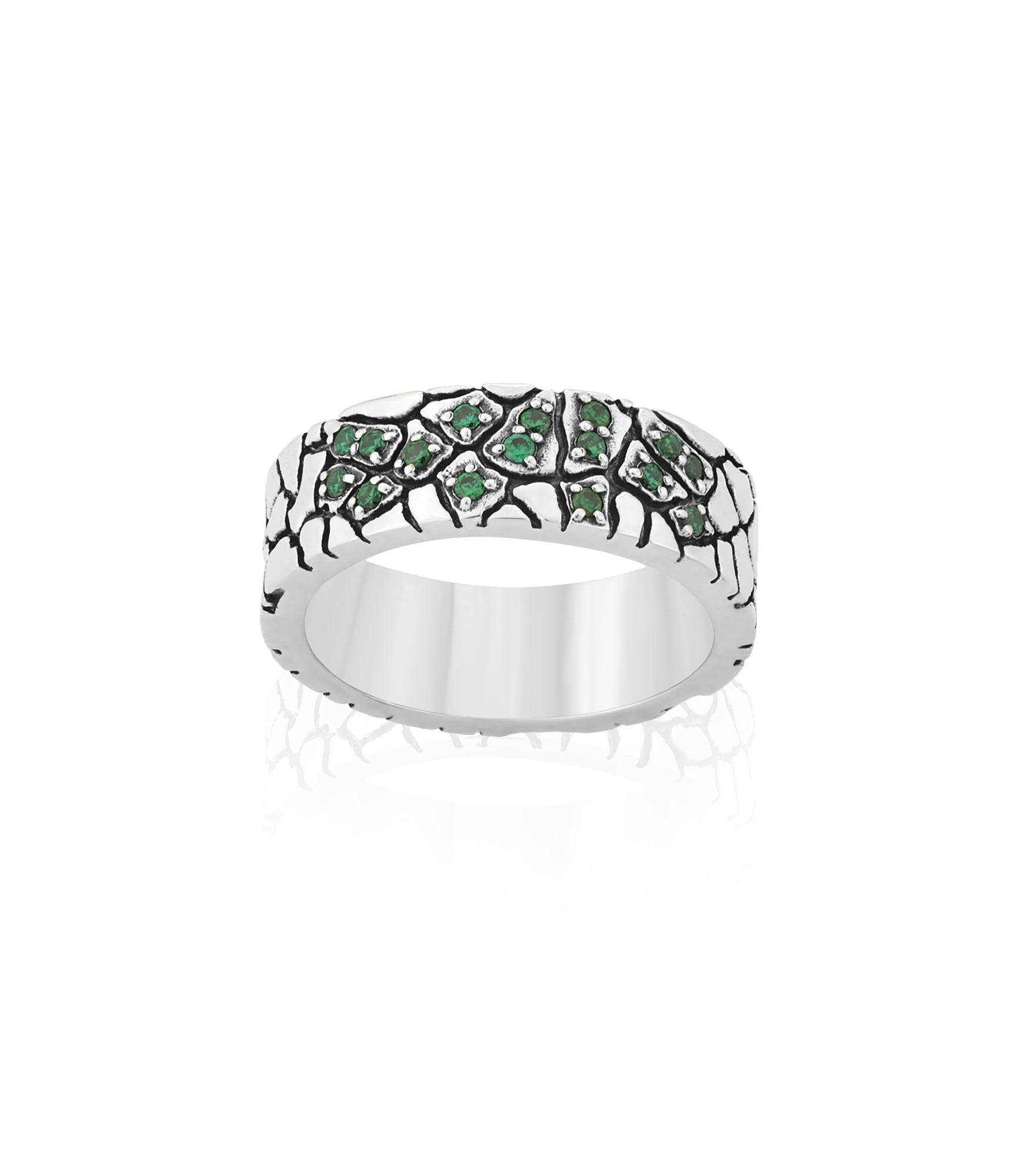 Cobblestone Design Silver Band Ring with Emeralds CZ