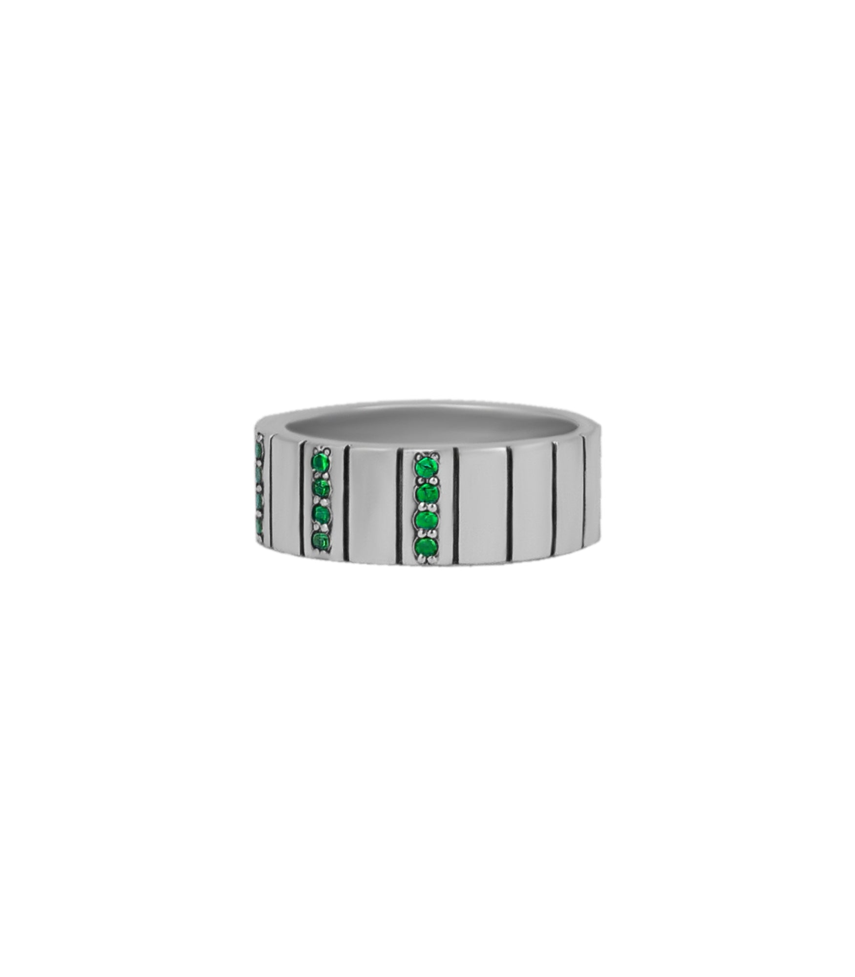 Wide Silver Wedding Ring Multiple Emeralds and Stripes