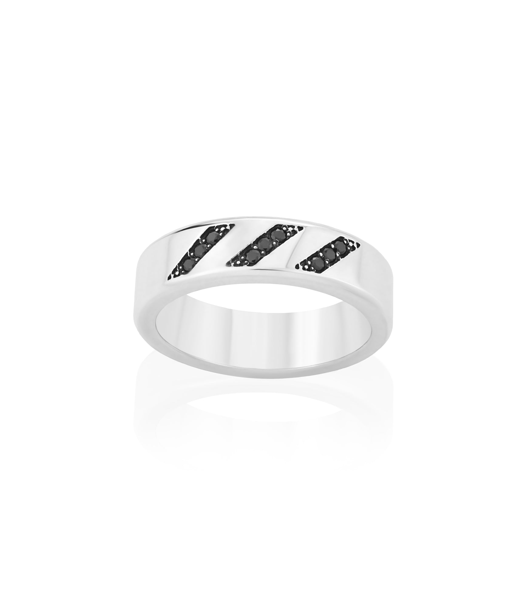 Minimalist Silver Wedding Ring Band with Black Stones