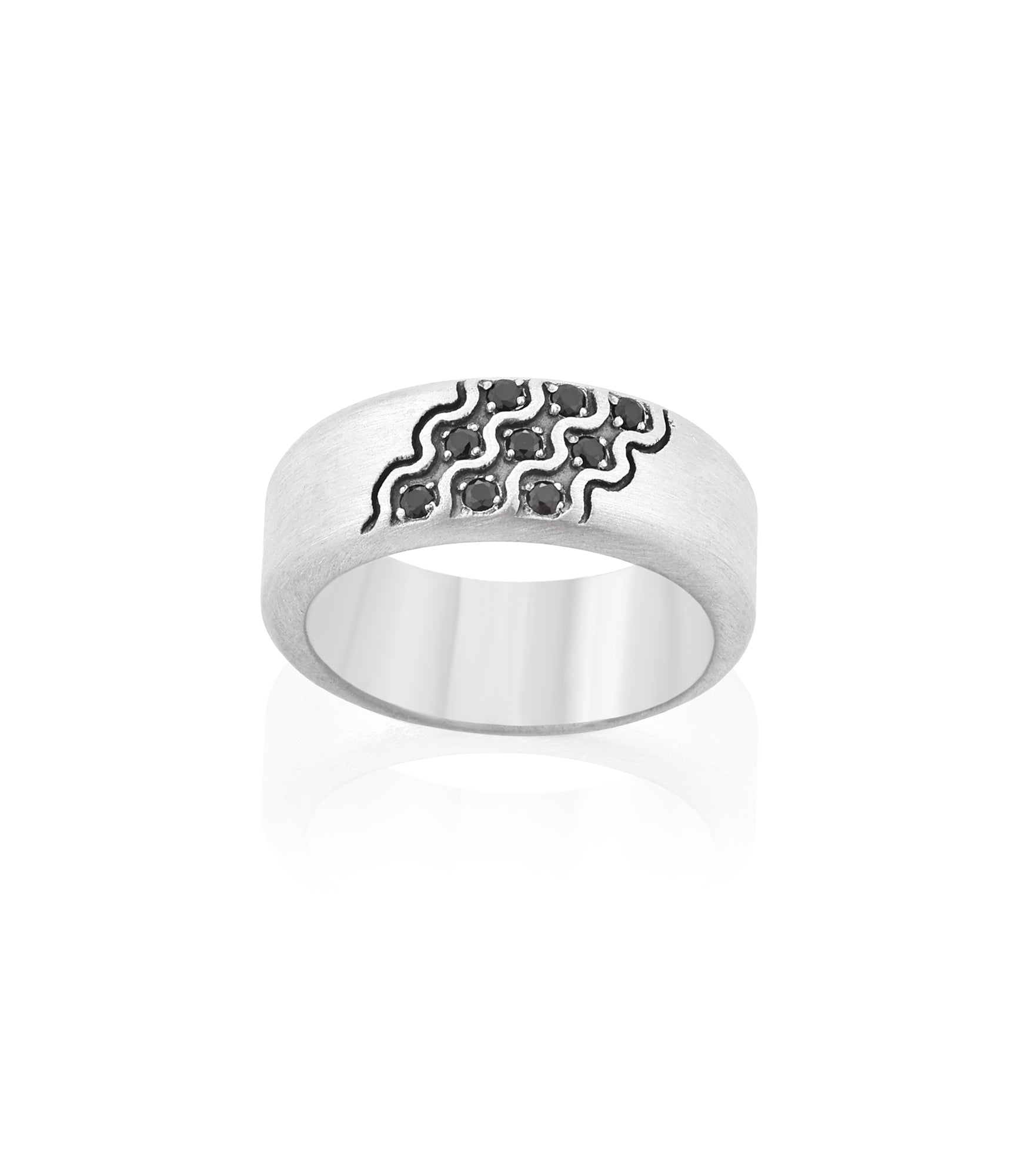 Large Silver Band Ring Black Stones Futuristic Design