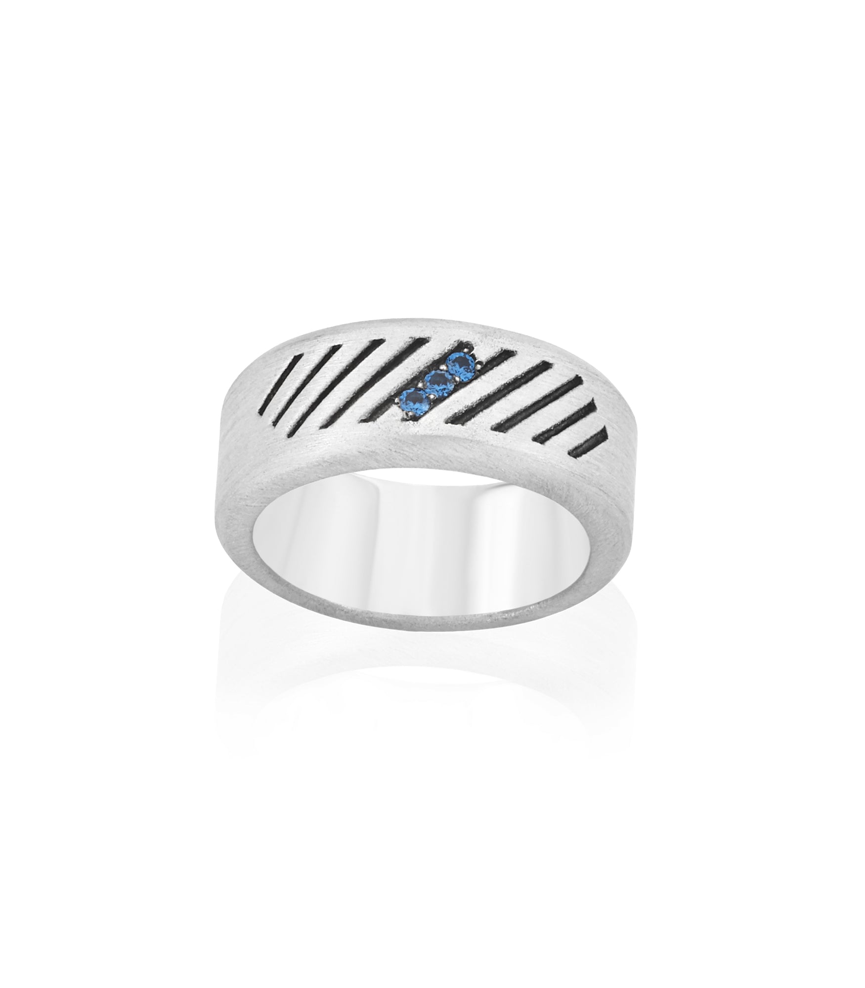 Domed Matte Silver Wedding Band Ring with Blue Stones