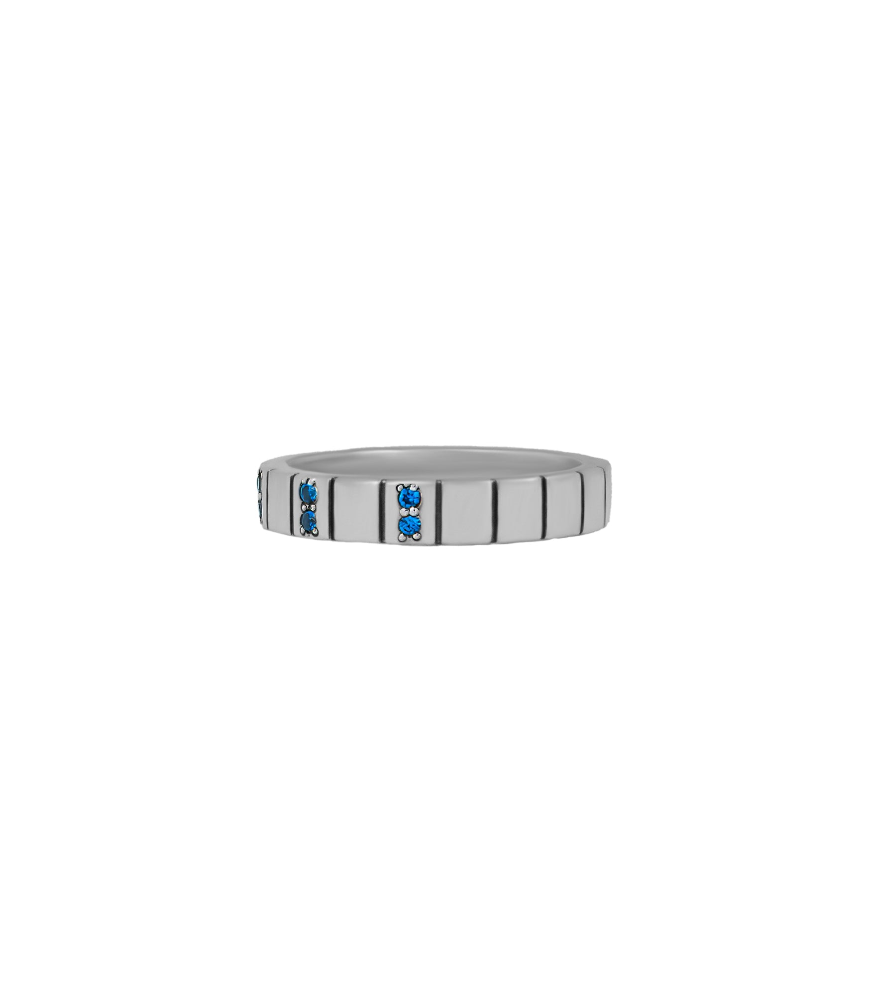 Silver Wedding Ring Multiple Blue Stones and Stripes