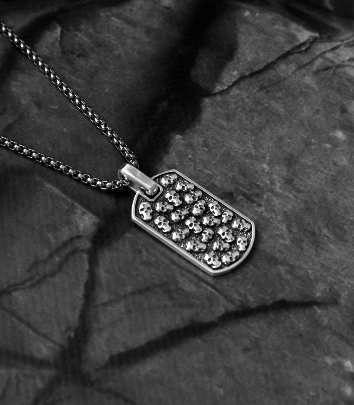 Engraved Skulls Tag Necklace Silver Gift for Biker
