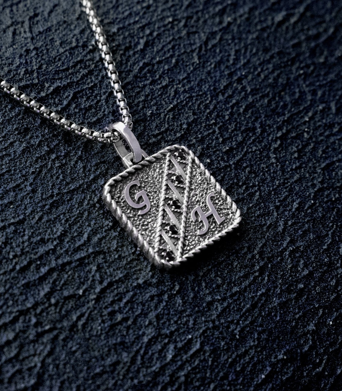 Mens Vintage Style Initial Necklace Black Diamodns