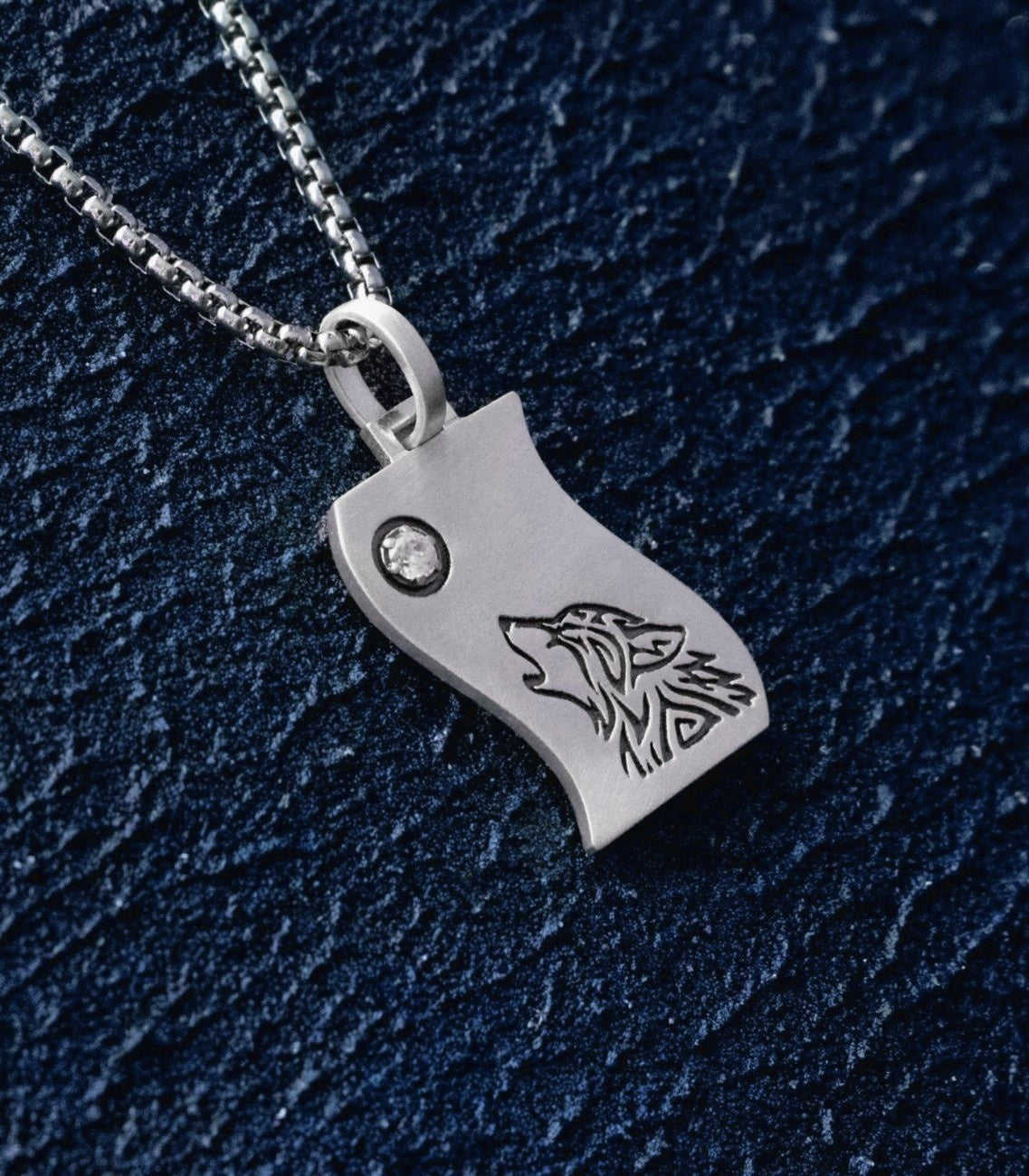 Silver Moon and Wolf Pendant Necklace with Gemstone