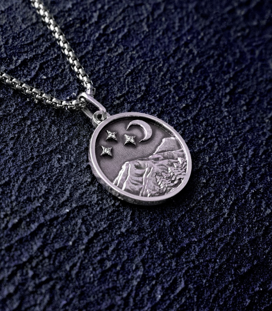 Silver Round Amulet Necklace with Mountain Peak & Moon