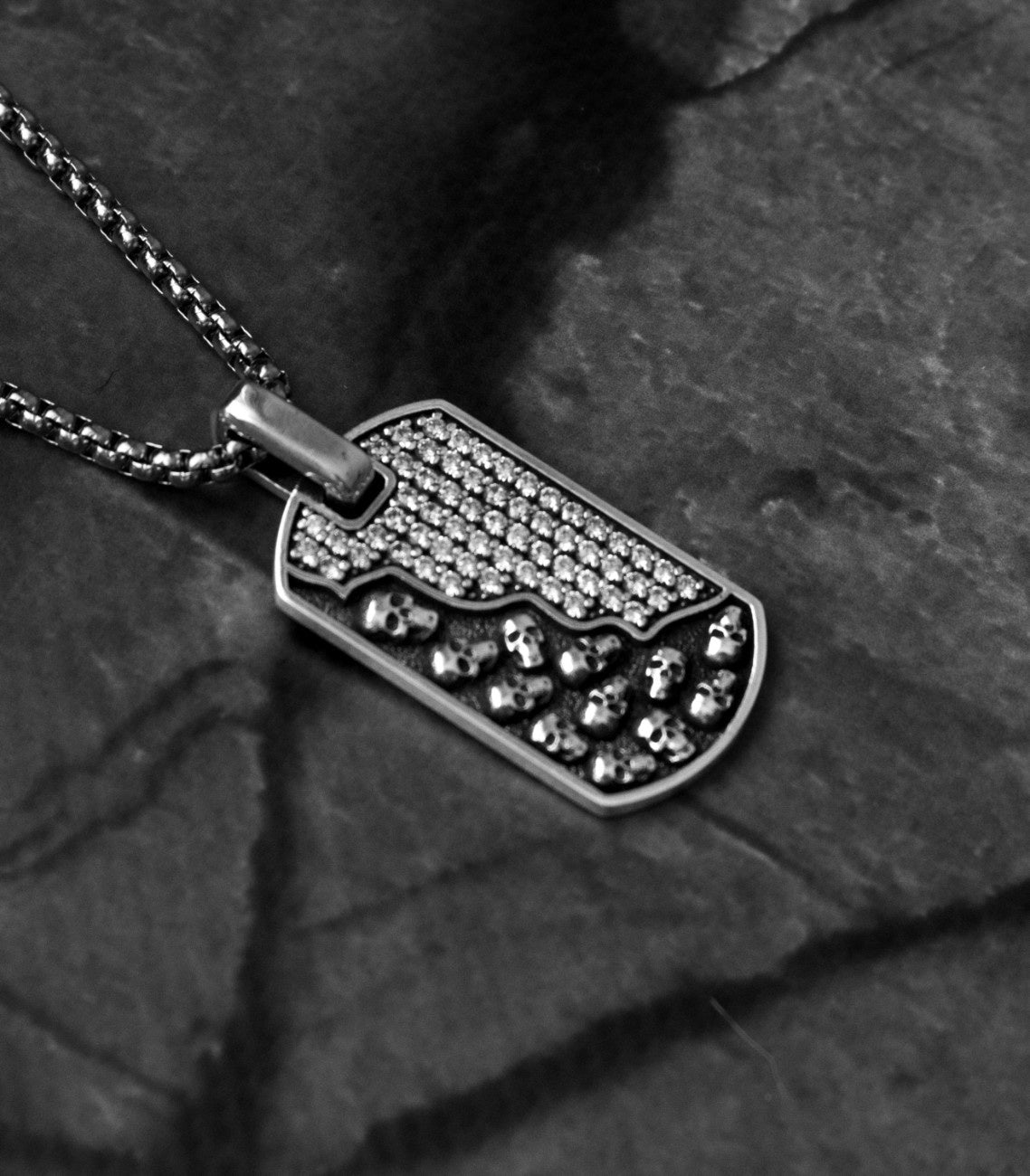 Gothic Silver Skulls Necklace with White Crystals CZ