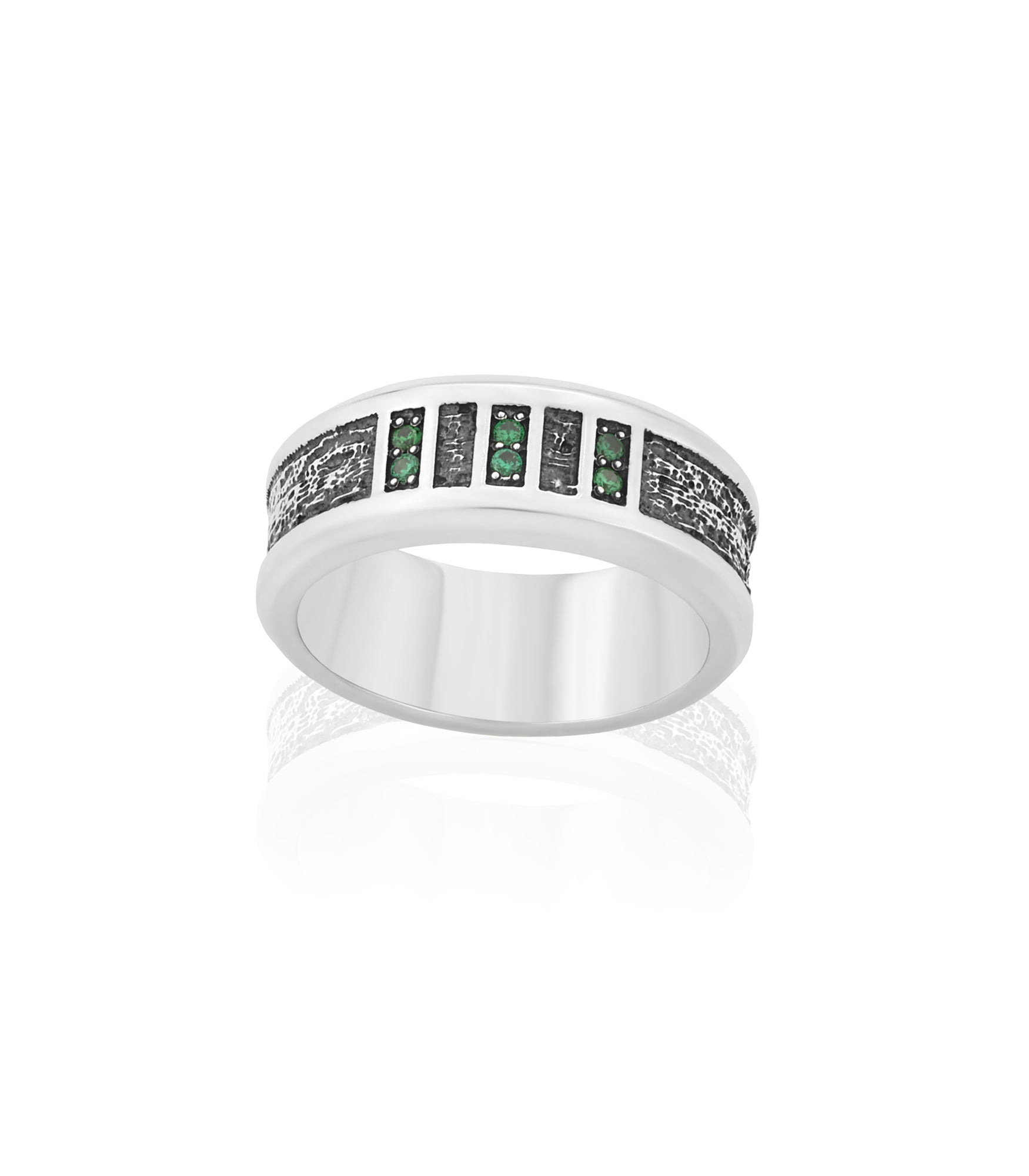 Mens Hammered Sterling Silver Ring with Emeralds CZ