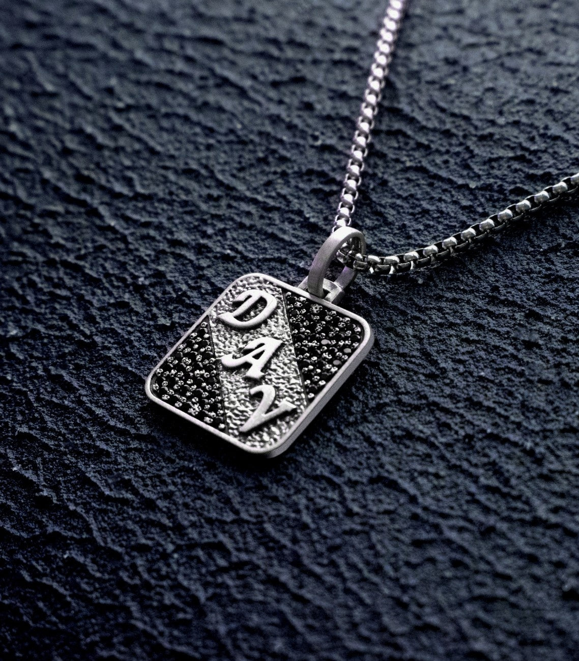 Mens Initial Necklace Vintage Hammered Silver Black Gems