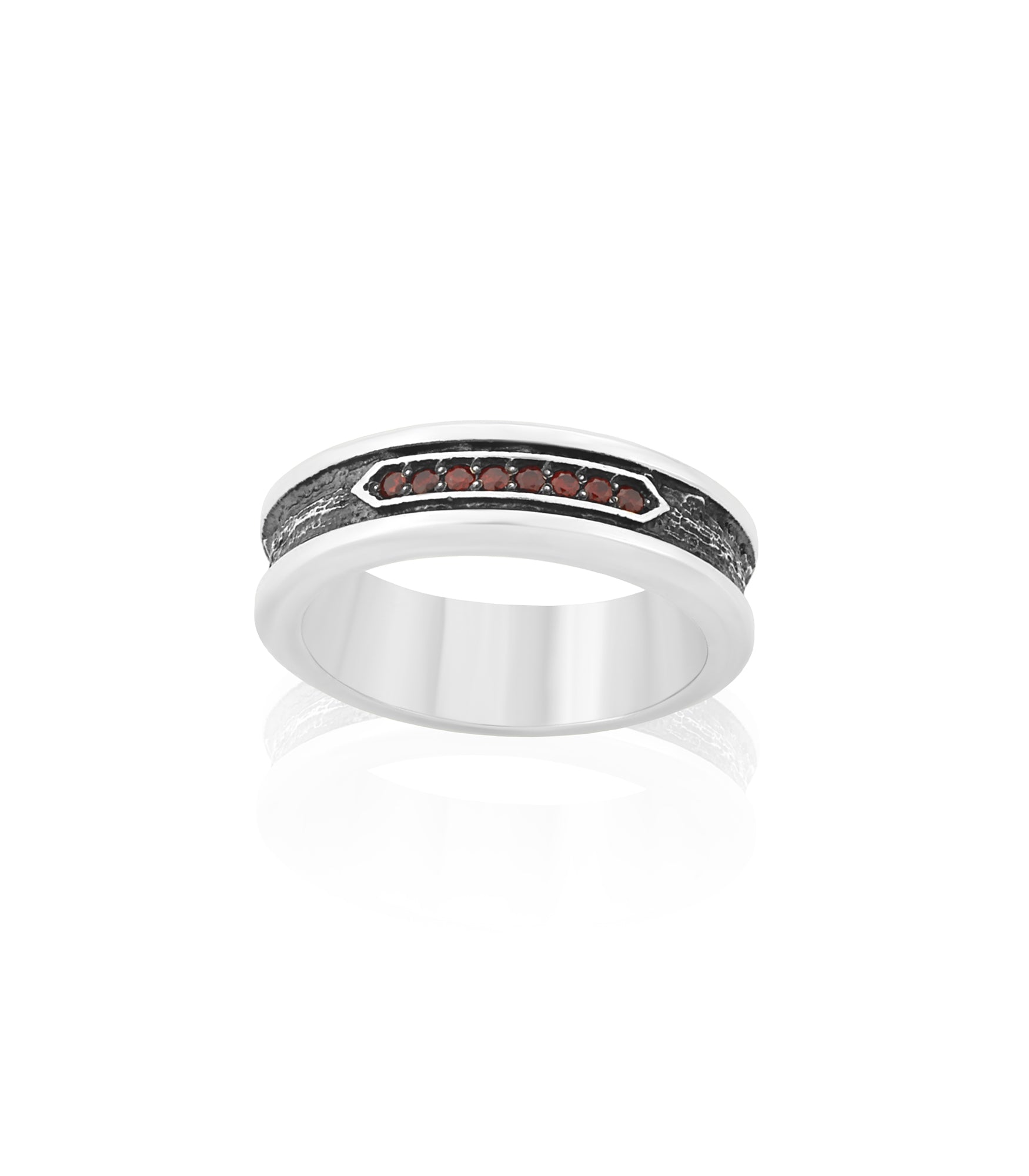 Mens Hammered Silver Engagement Ring Red Stones CZ