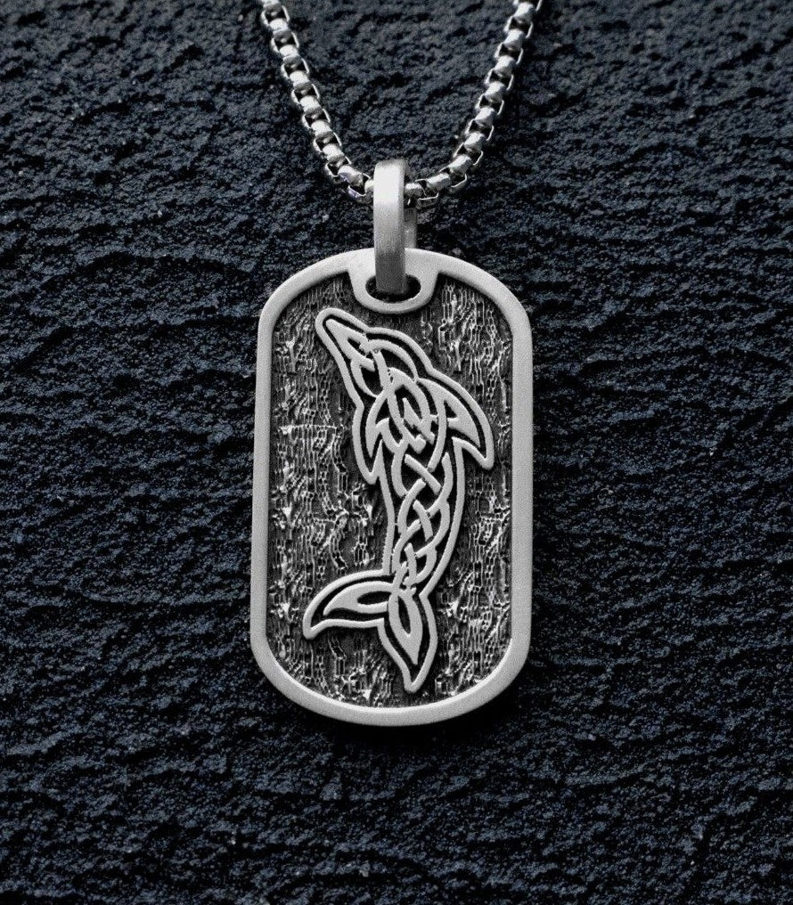 Silver Dolphin Amulet Pendant for Men with Celtic Knots