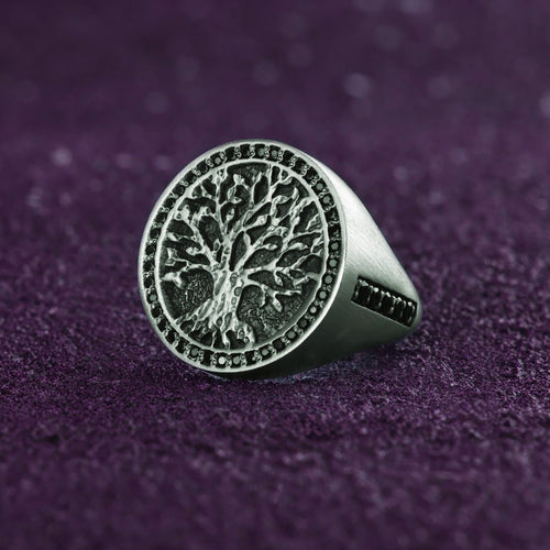Family Roots Signet Ring Engraved Tree and Black Stones