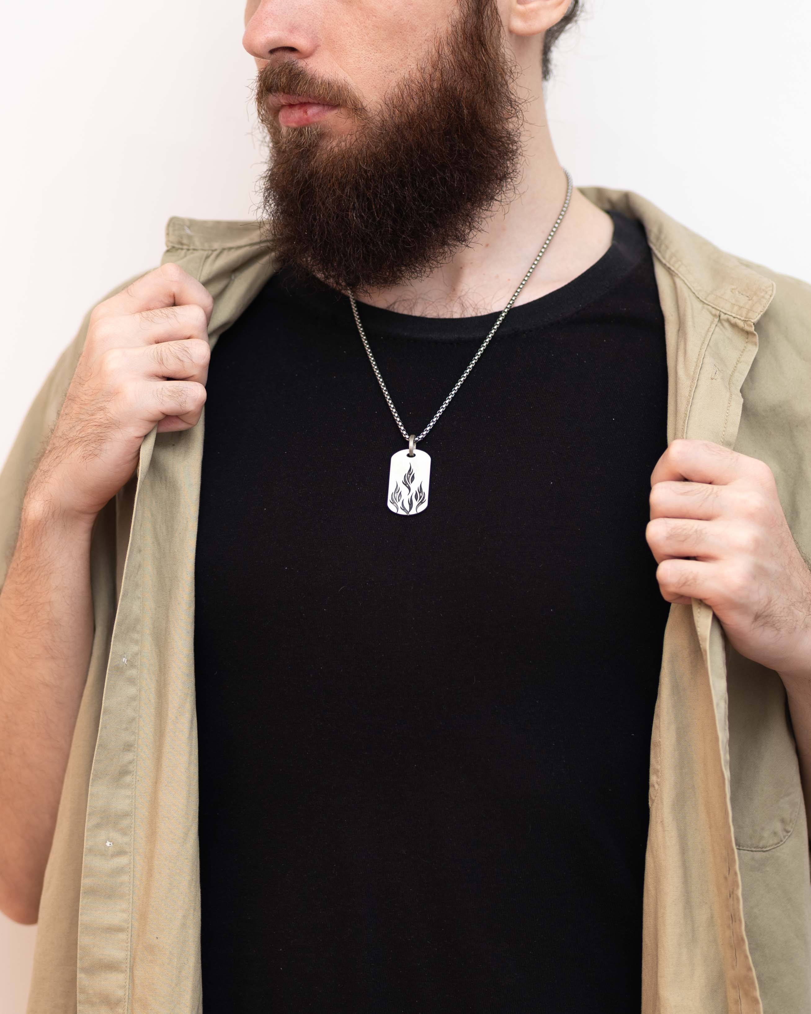 Fire Engraved Dog Tag Pendant for Him in Solid Silver