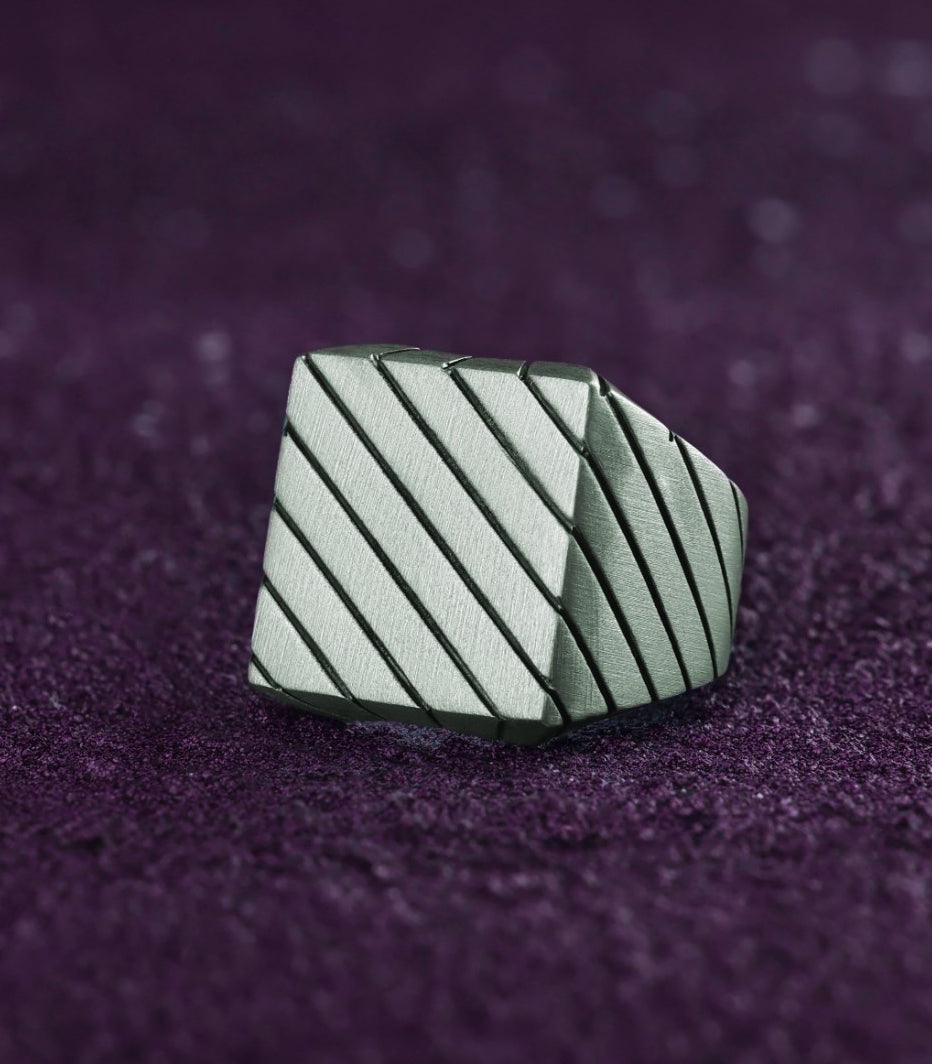 Heavy Signet Ring Engraved with Grooves Sterling Silver