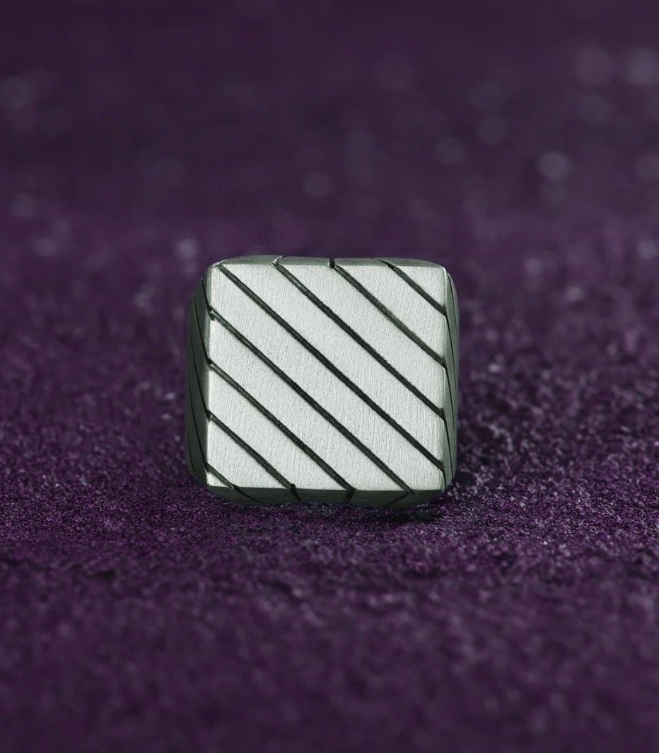 Heavy Signet Ring Engraved with Grooves Sterling Silver
